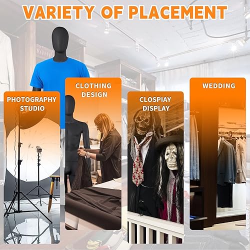 Miniatura 5 de YumHome 1 maniquí masculino negro de 73 pulgadas, soporte de modelo de cuerpo completo, maniquíes posables, forma de vestido, torso desmontable para