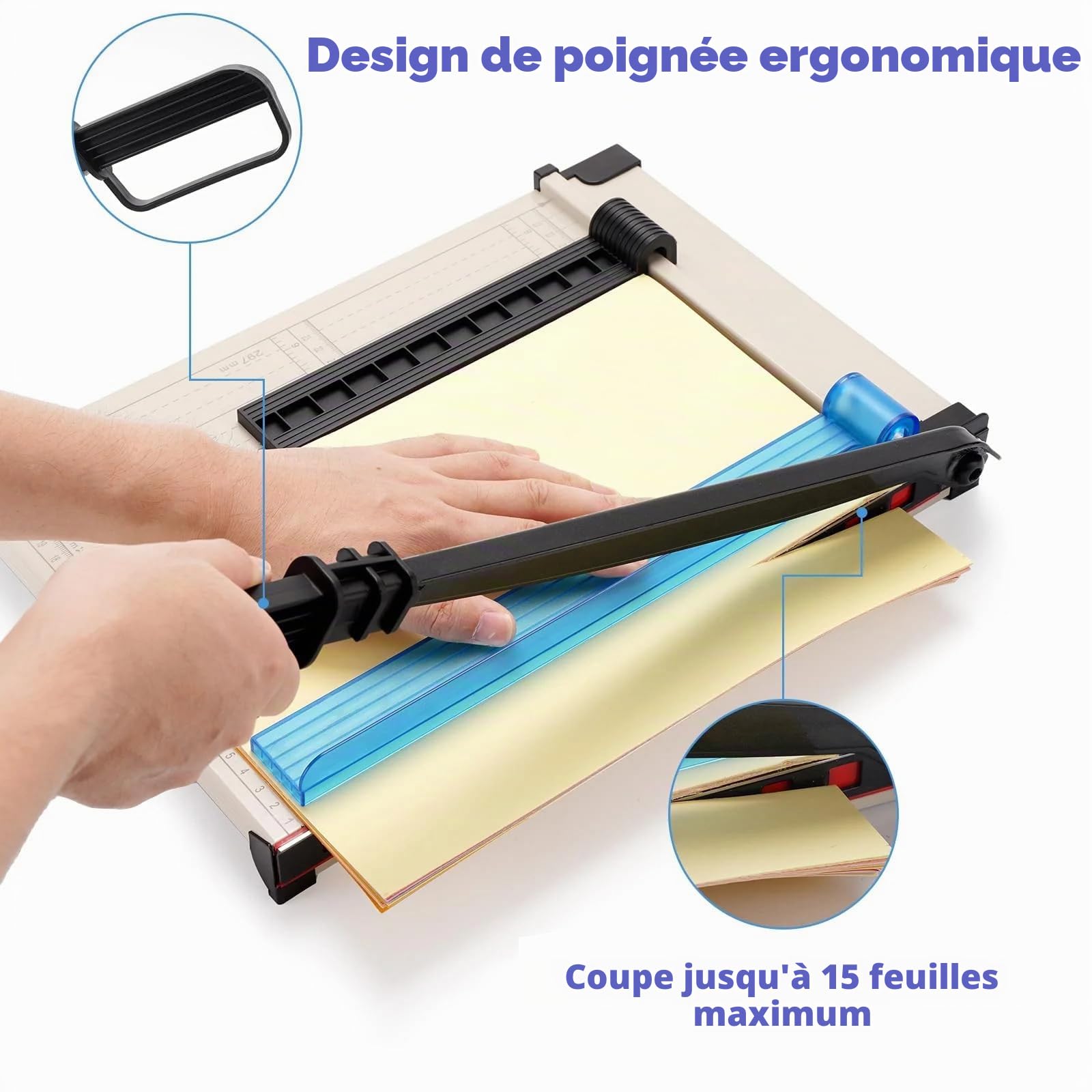 A4 Massicot, Coupe Papier avec Base en Métal, Protection de Sécurité et Ajusteur de Papier Magnétique, B5 A5 B6 B7 Guillotine pour Home, Capacité 15 feuilles, Parfait pour Photo, Papier (Blanc)