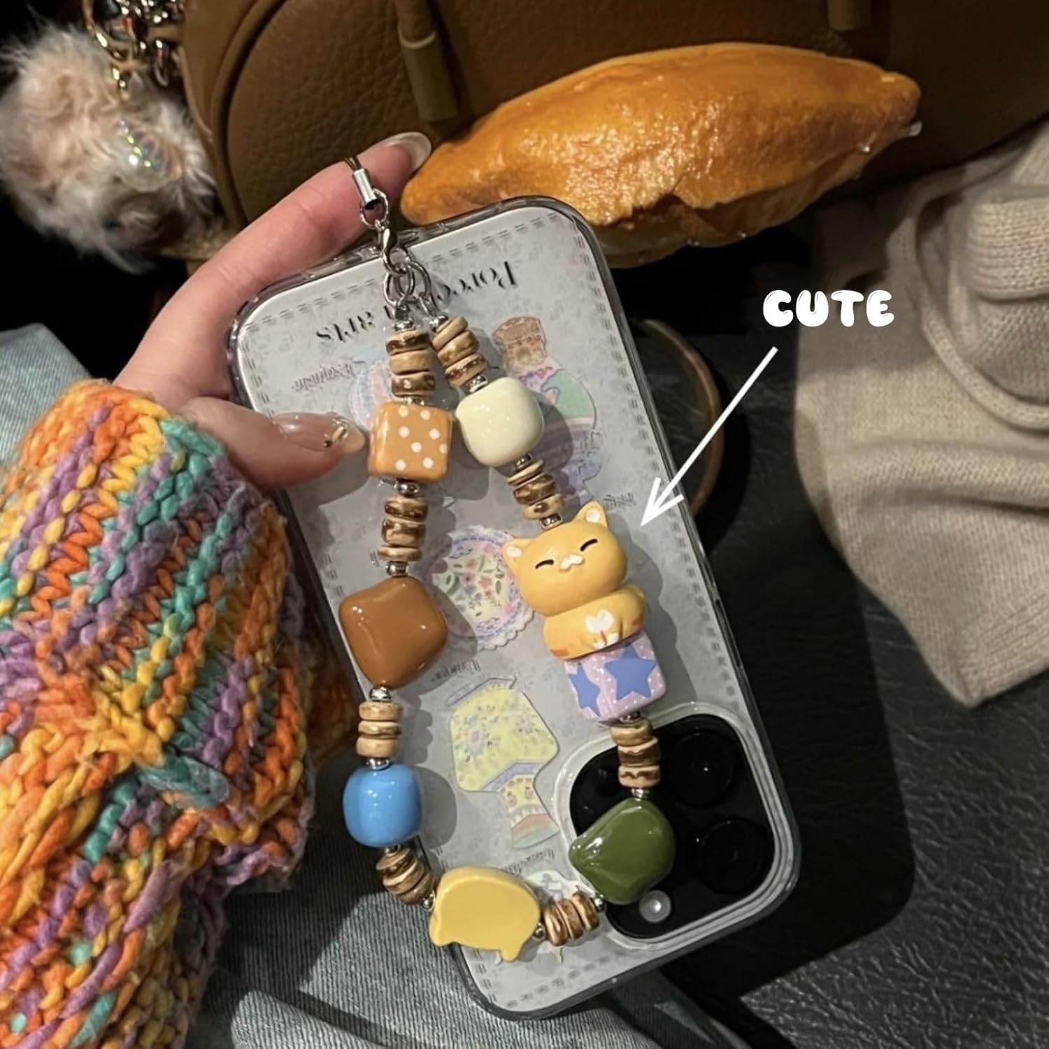 Cute Cat Phone Charm with Colorful Wood and Resin Beads, Kawaii Beaded Wrist Strap, Y2K Style Bag Accessory image 5