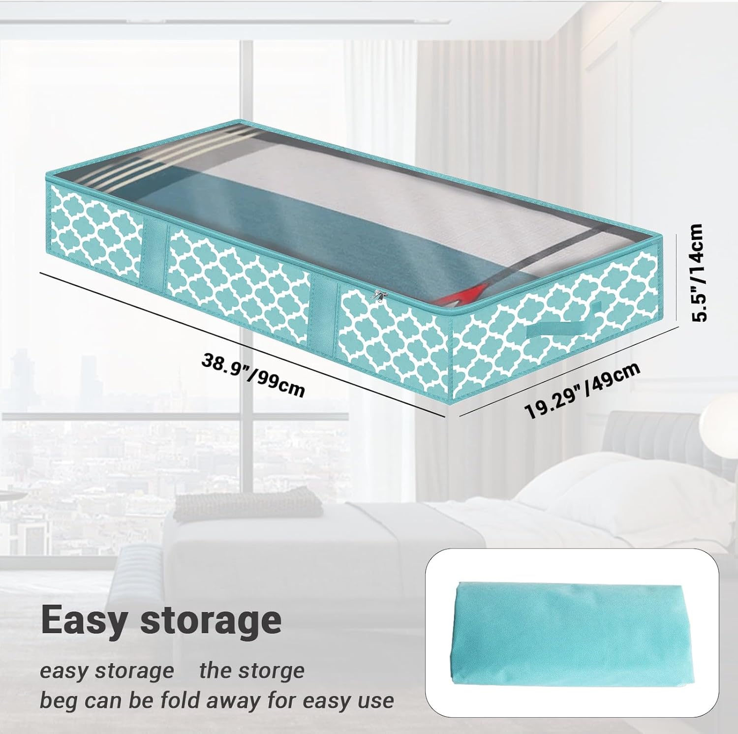 EAUSO Large Underbed Storage Bags,2 Set Under Bed Closet Containers Organizers With Handles, Window, Zippers Storage Bins For Blanket, Comforter, Bedding, Clothes,Pillows,Sheets90L(Blue)