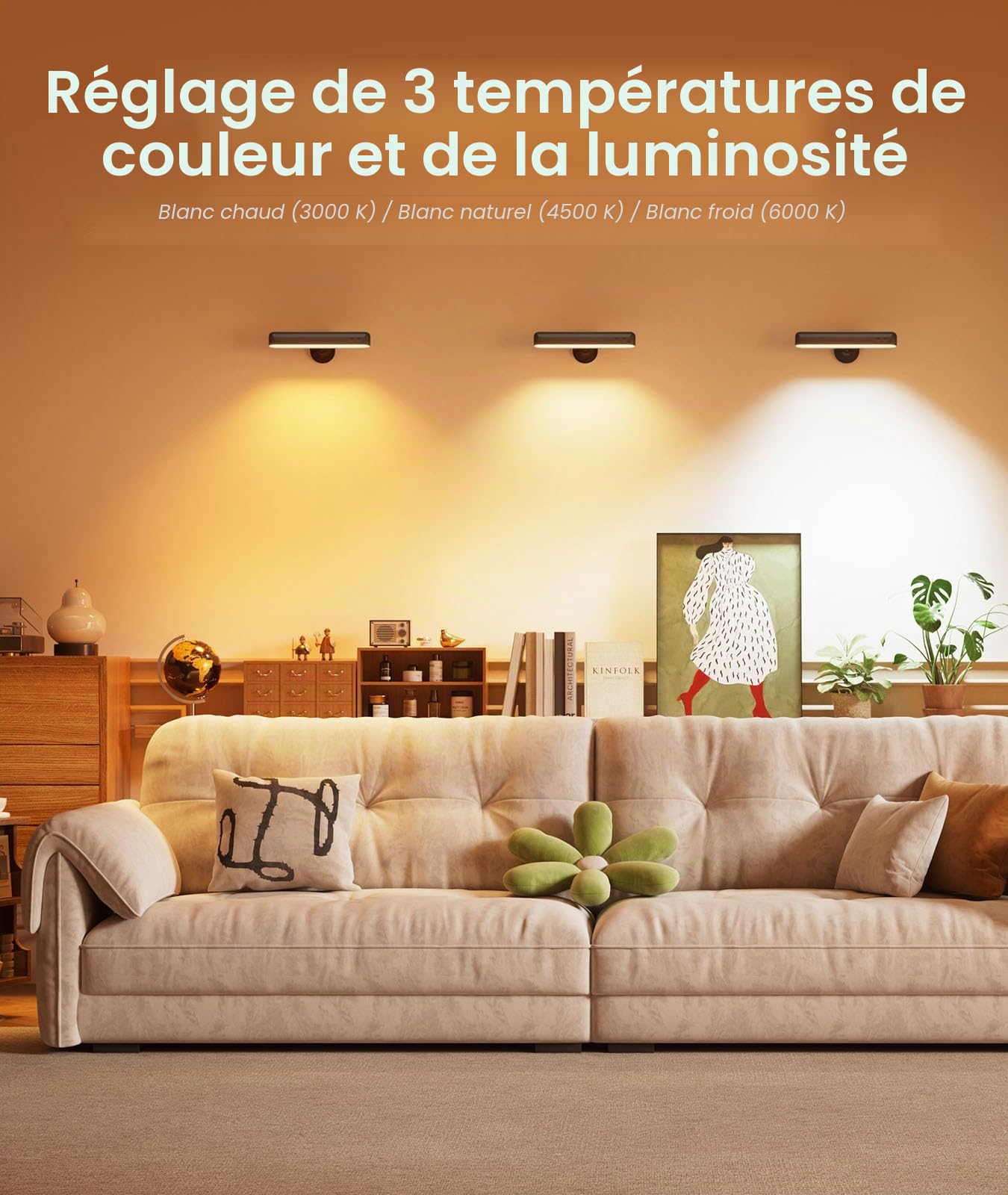 PopoIron Appliques Murales LED Rechargeables 7500mAh, Télécommande, 3 Couleurs, Lampe Murale Sans Fil, Rotative 360°, Intensité Variable, 15 Couleurs RVB