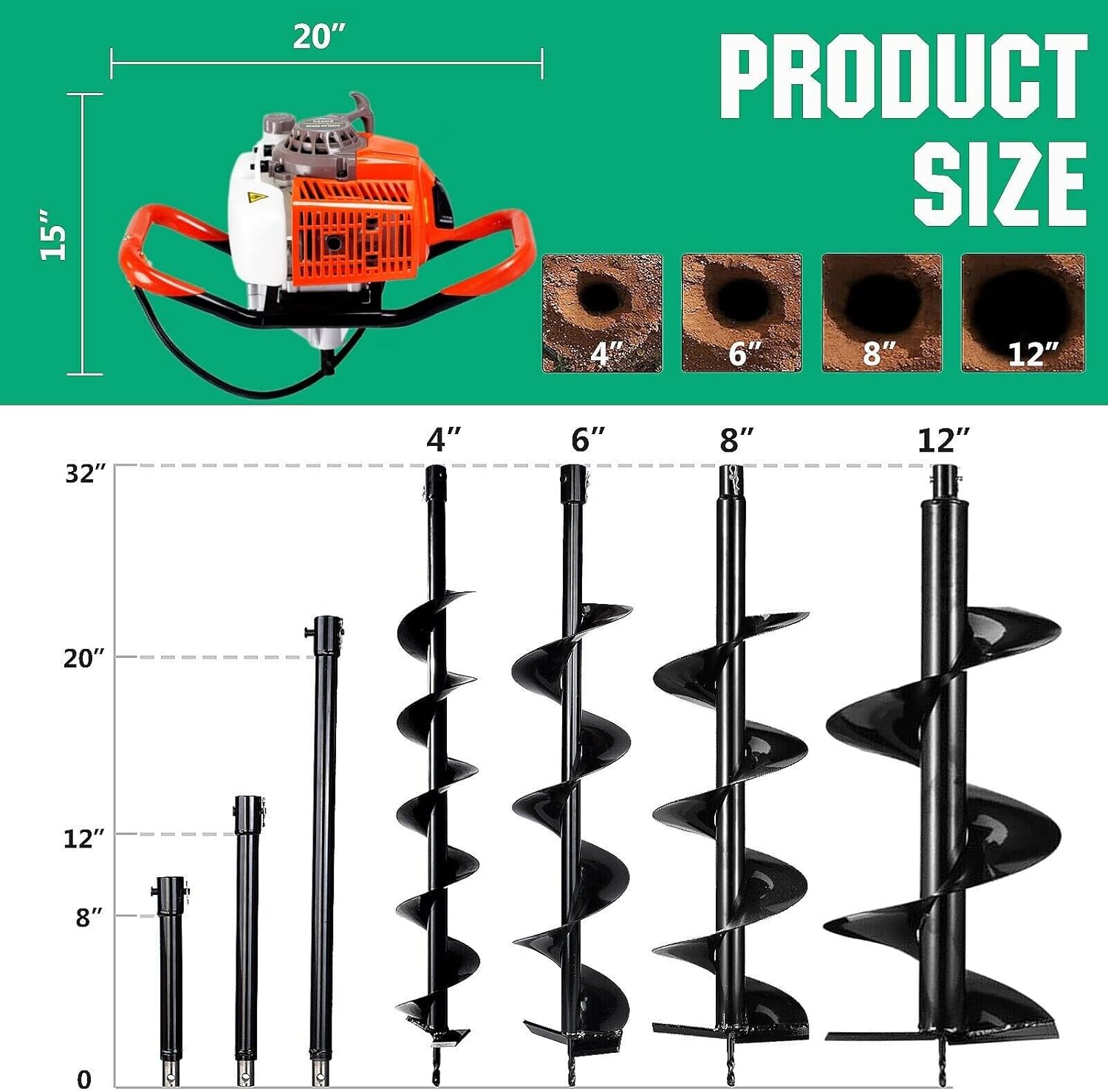 DC HOUSE 63CC Gas Powered Post Hole Digger with 3 Earth Auger Drill Bits 6" 10" 12" and 3 Extension Rods| 2-3 Packages Shipping : Patio, Lawn & Garden