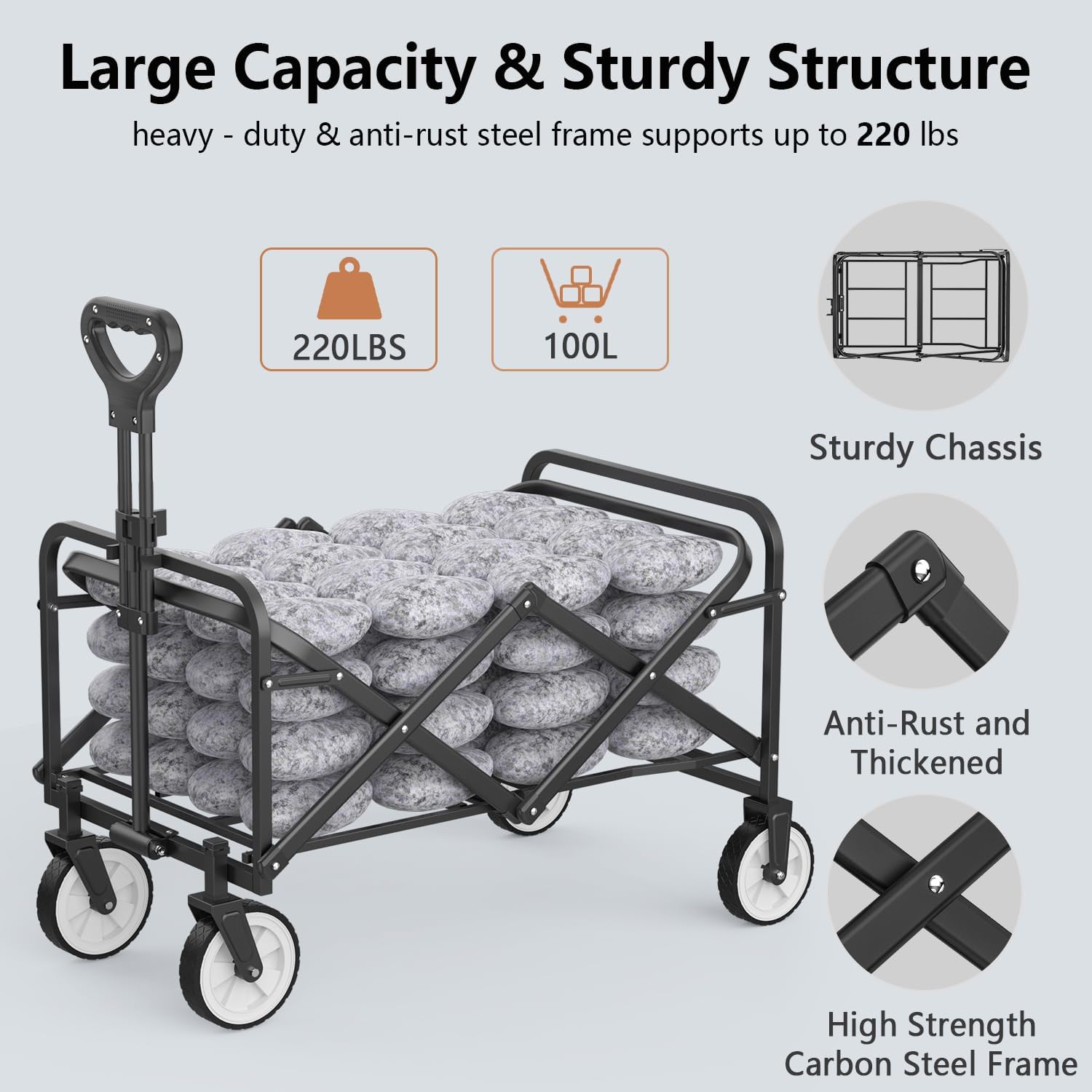 LUBBYGIM Collapsible Folding Wagon loaded with heavy rocks, demonstrating its large capacity and sturdy structure.