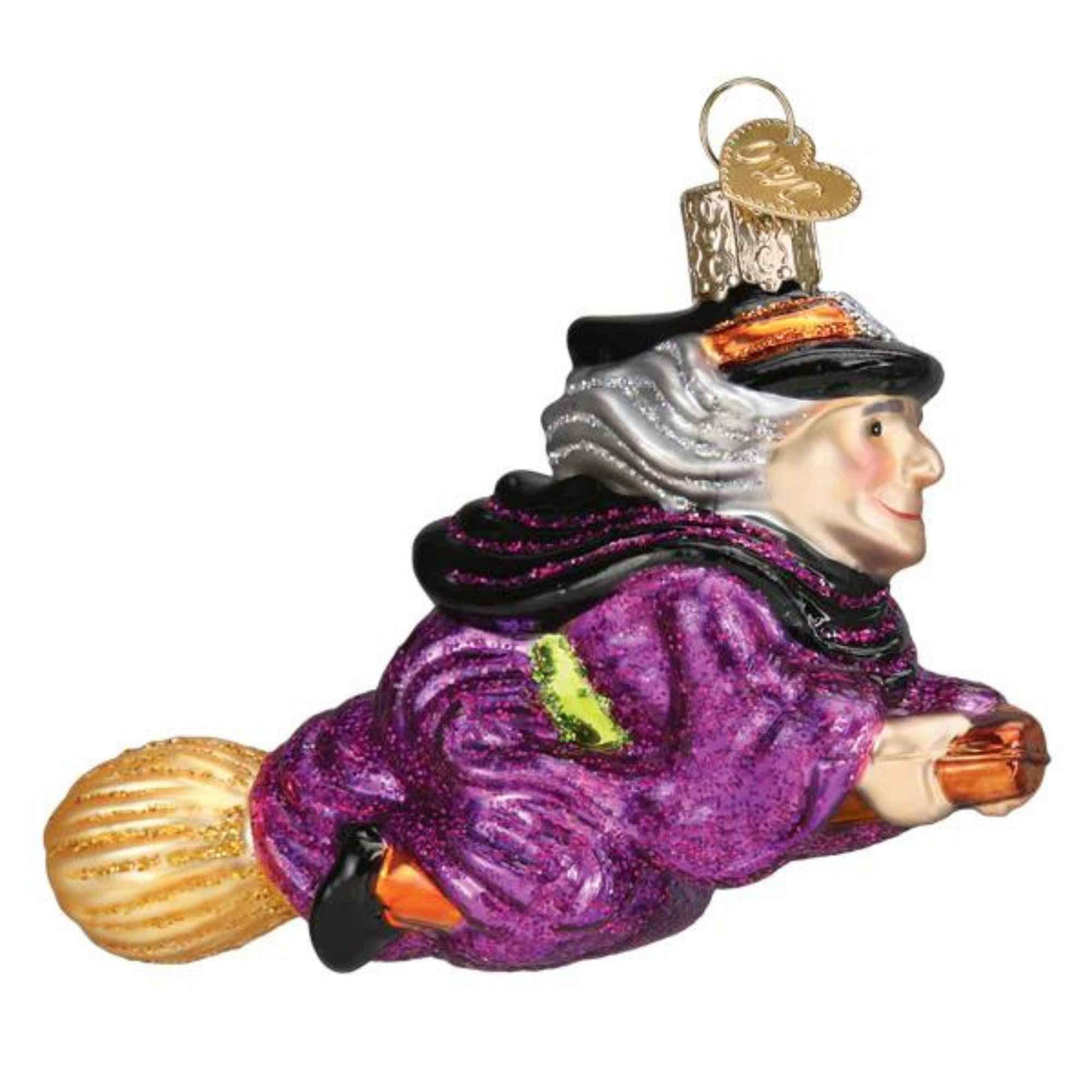 Old World Christmas Black, Orange, Purple Witch On Broomstick Glass Blown Ornament For Christmas Tree, Handcrafted Holiday Decoration, Halloween Collection