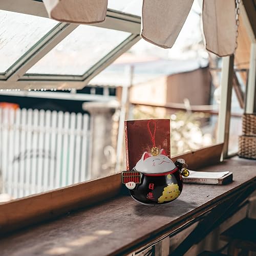 Miniatura 6 de IMIKEYA Contenedor de cereales Hervidor de café hermético Hervidor de té japonés Tarro de cerámica decorativo Tarro de estatua de gato de la suerte