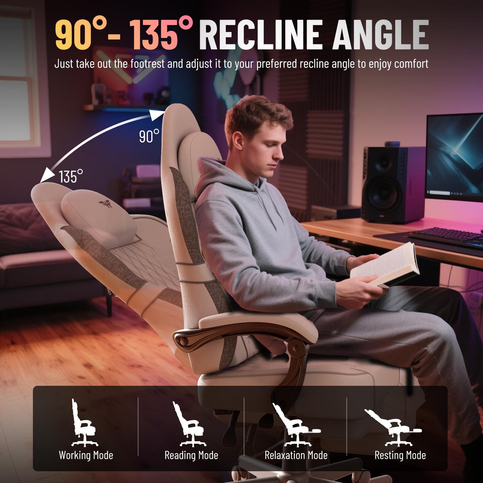 Ferghana Chaise Gaming Ergonomique，Fauteuil Game en Respirant，Gaming Chair avec Réglable Appui-tête,Coussin Lombaire Massage,Repose-Pied,Chaise de Bureau PC pour Bureau de Jeu (Blanc,Tissu Lin)