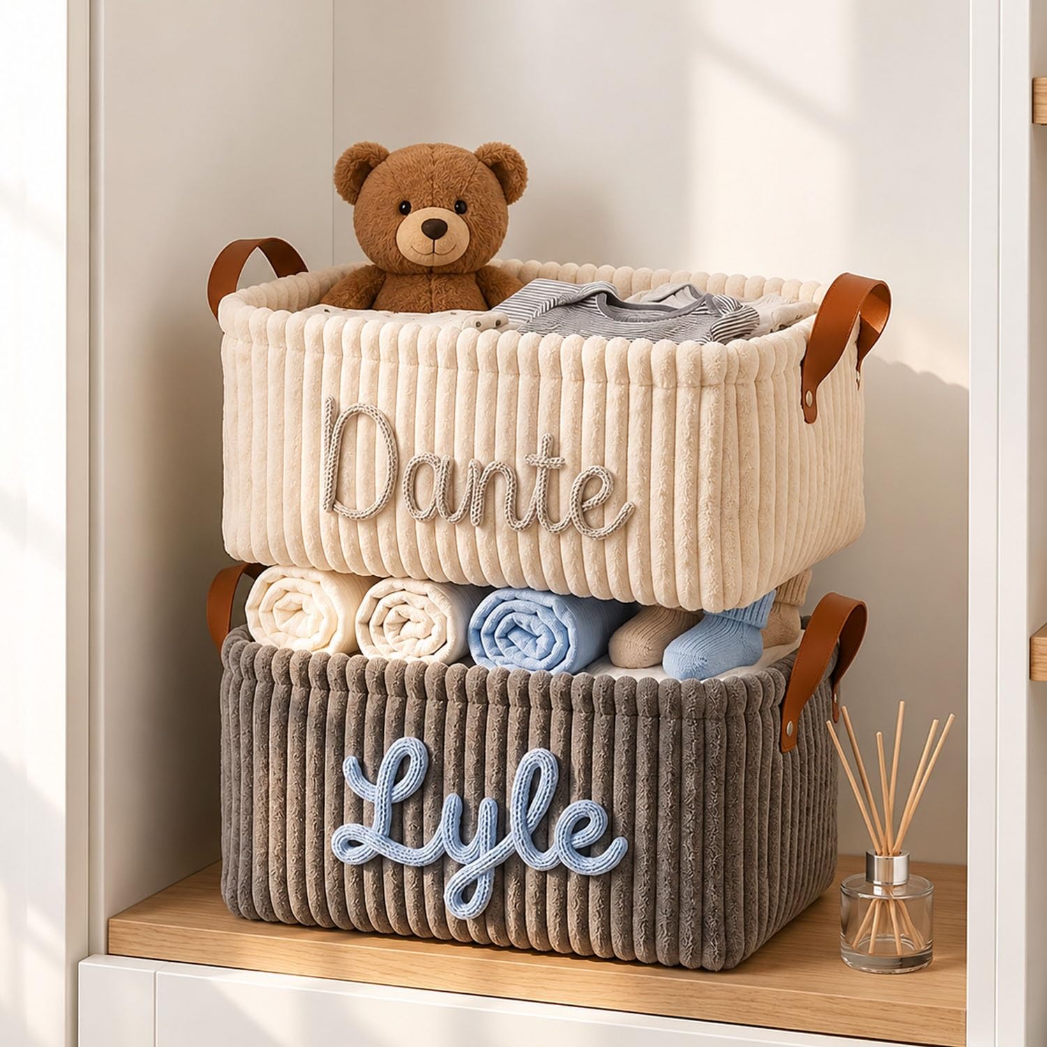 Custom Diapers And Clothing Storage Bin For Nursery, Large Corduroy Personalized Baby Basket With Handles, Collapsible Laundry Hamper Organizer