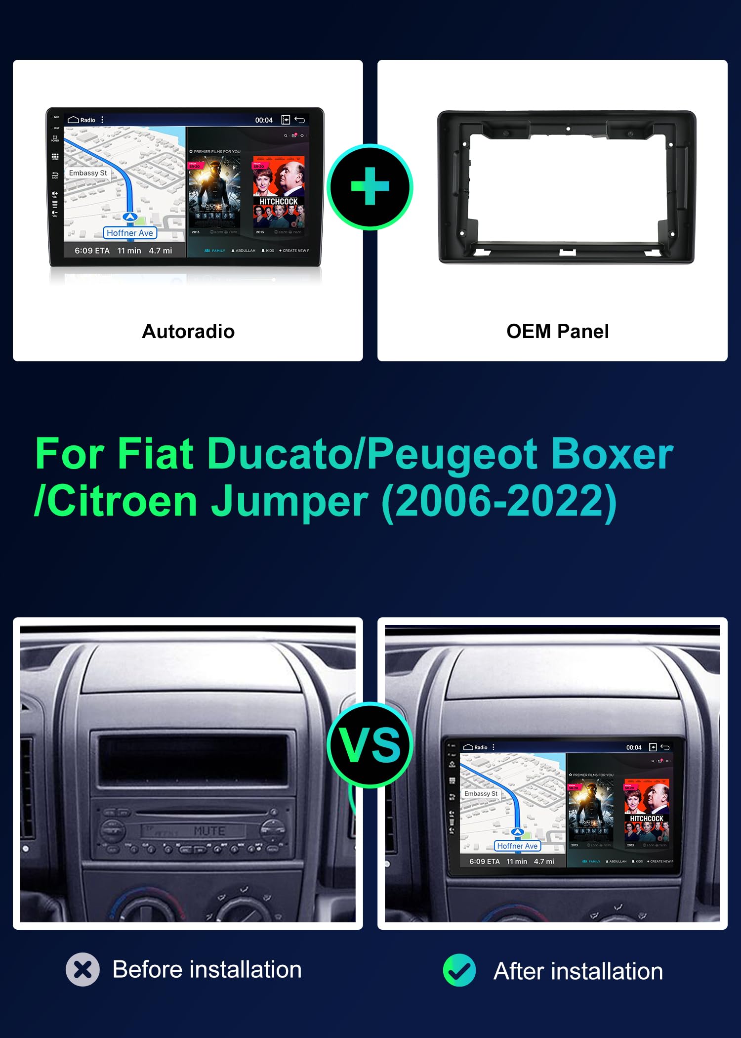 SXAUTO 256G + 256G Radio samochodowe z systemem Android 14 IPS do FIAT Ducato/Citroen Jumper/Peugeot Boxer - wbudowany Carplay/Android Auto - kamera + mikrofon - sterowanie DAB z kierownicą Fast-Boot