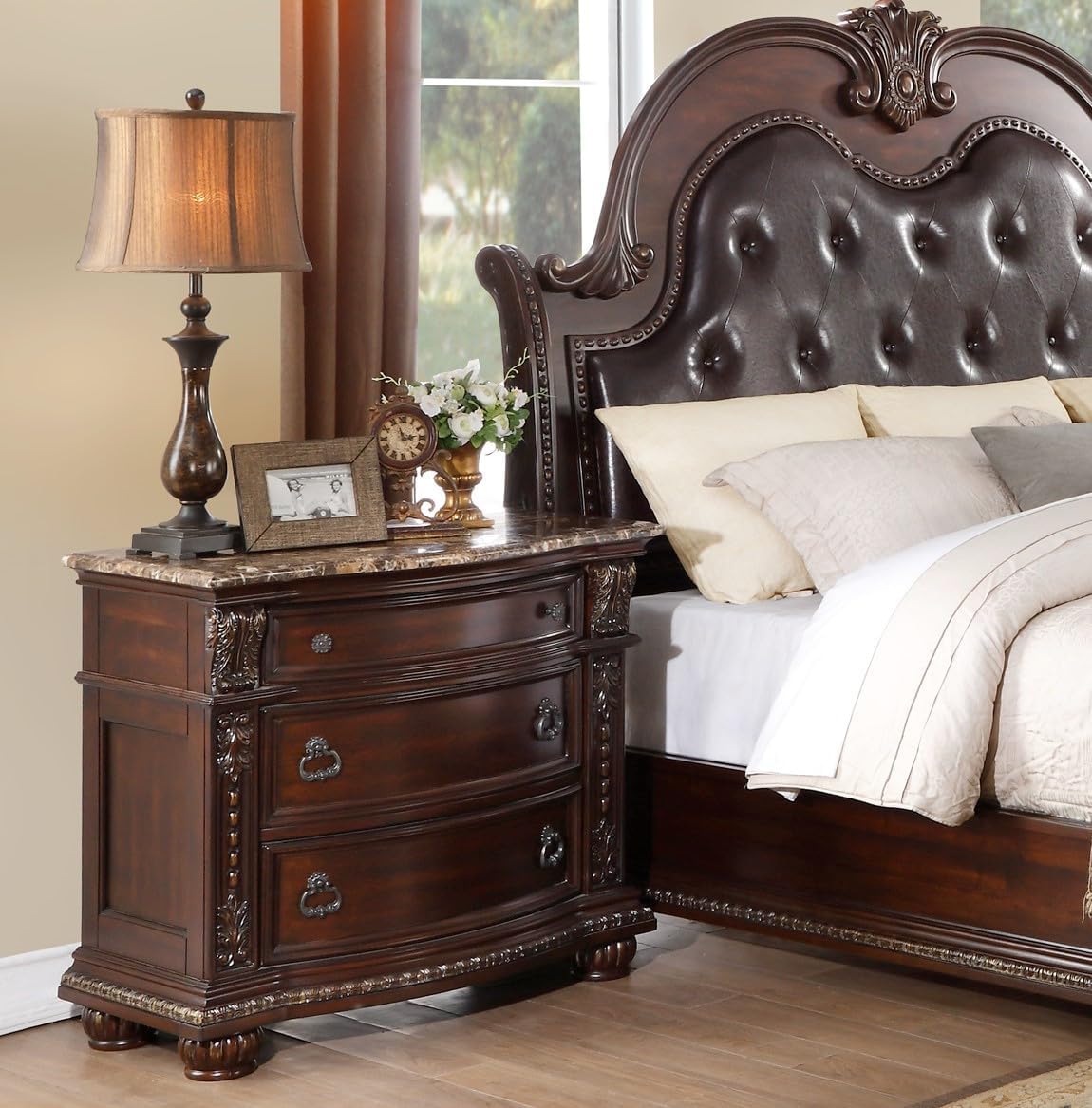 Traditional 3pc Set Formal Bedroom Furniture Queen Size Sleigh Bed and 2X Nightstands Marble Top Classic Design Dark Cherry Finish with Gold Tipping
