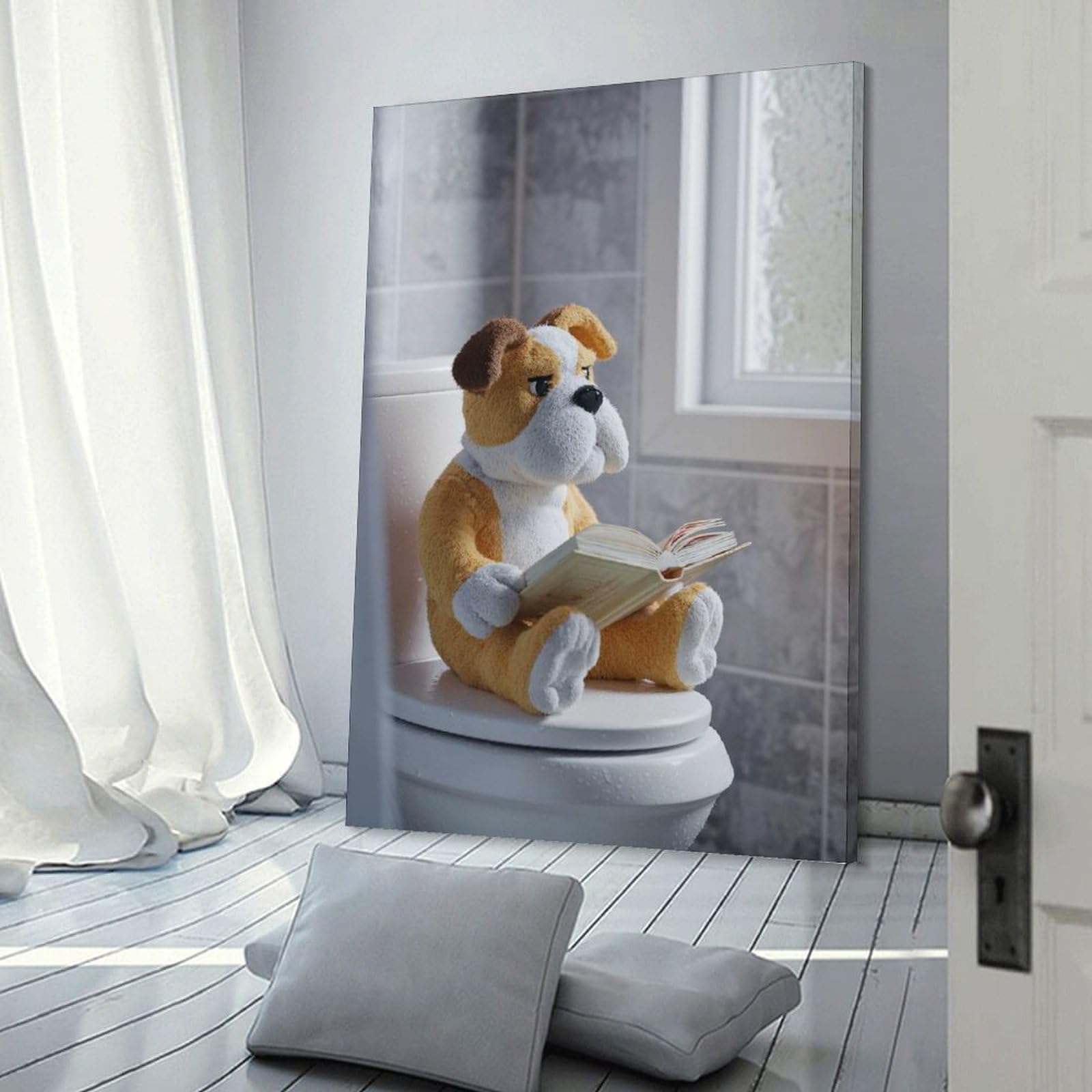 Junmoney Stuffed Bulldog Reading on Toilet Home Decor Wall Art 24x36inch(60x90cm), for Gallery Wall Layouts in Home Or Office, A Versatile Canvas Print for Layering