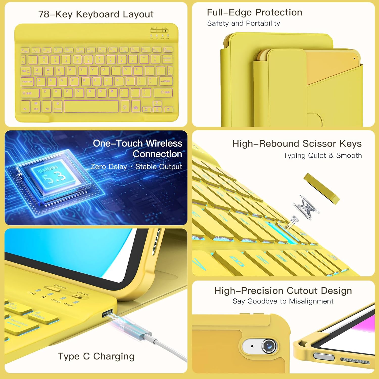 for iPad 11th(A16, 2025)/10th Generation Case with Keyboard, 360° Rotatable Case & Detachable Backlit Keyboard, Precision Cutouts and Pen Holder for iPad A16 11''/10th 10.9'', Yellow - Image 6