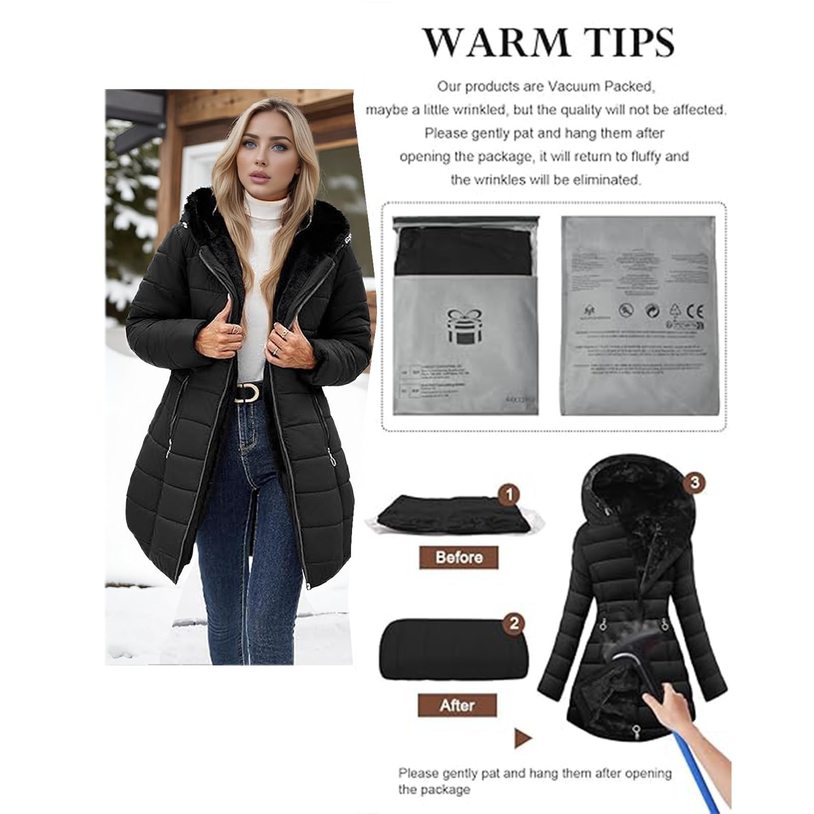 Genérico Abrigo Mujer Invierno Chaqueta Con Capucha De Piel Sintética Cálido Acolchada Cortavientos Con Bolsillos Chaquetas Impermeable Termica Ropa Para El Frio Extremo