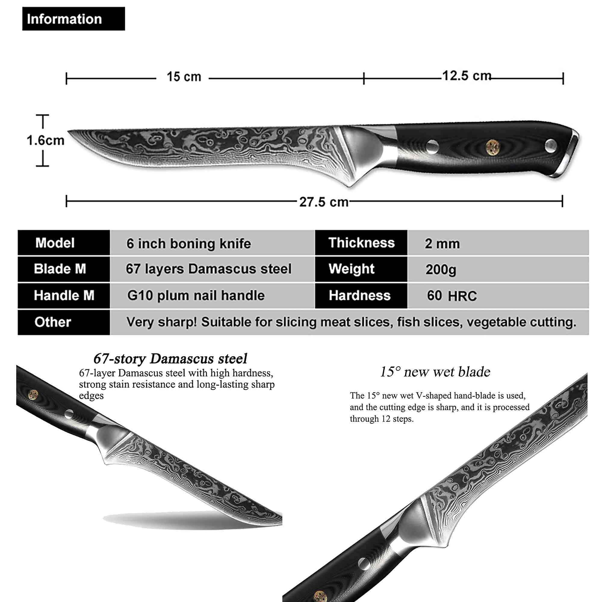 Muxel Damascus 67 Lagen 6 inch Ausbeinmesser Boning Knife Profi Messer Edelstahl