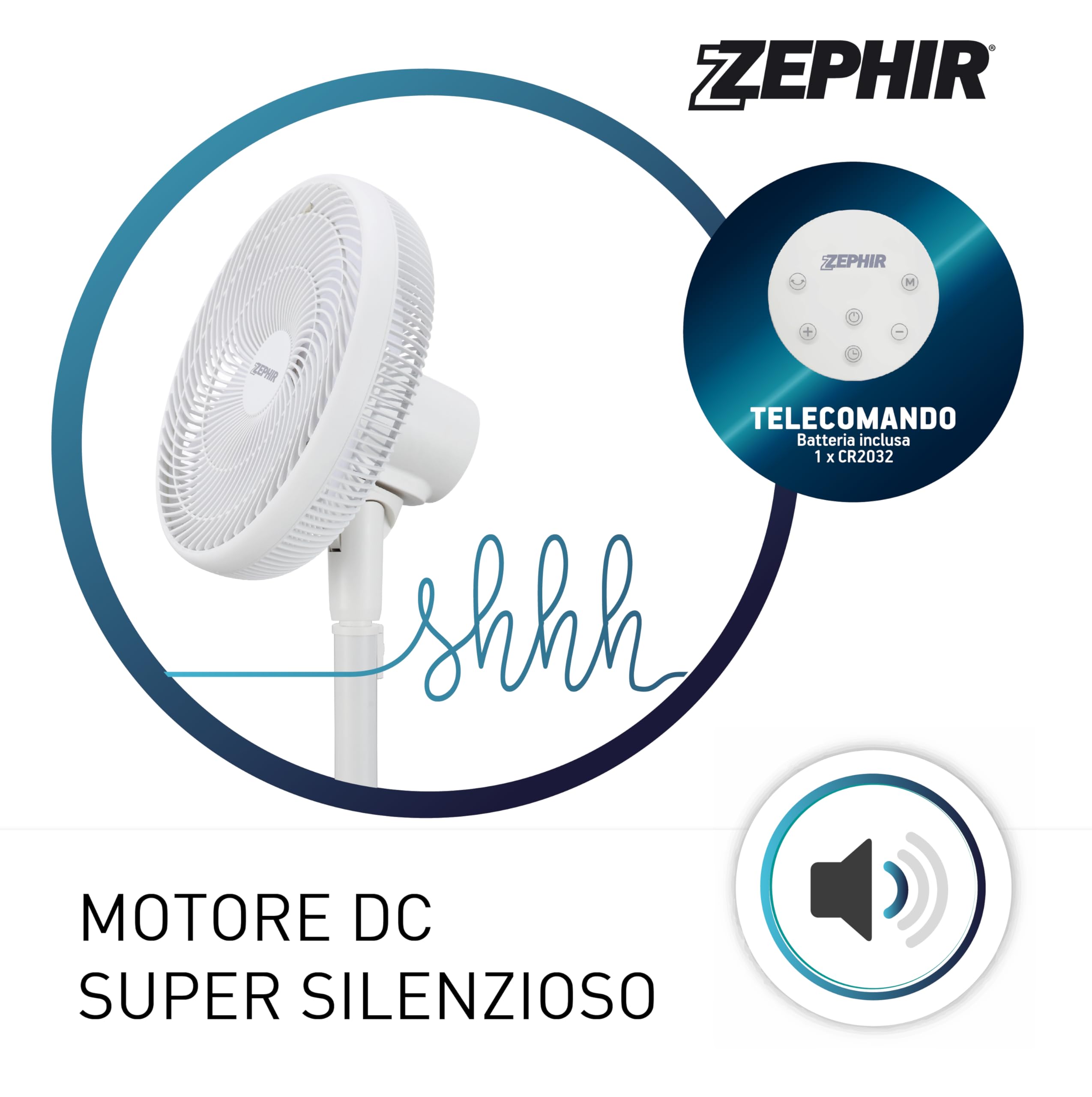 Zephir, Ventilatore Circolare a Piantana 35cm, Motore DC Ultra Silenzioso, 3 Modalità di Ventilazione,10 Velocità, Altezza 850-1080 mm, Telecomando, Timer, Potenza 30W, Cavo 4m