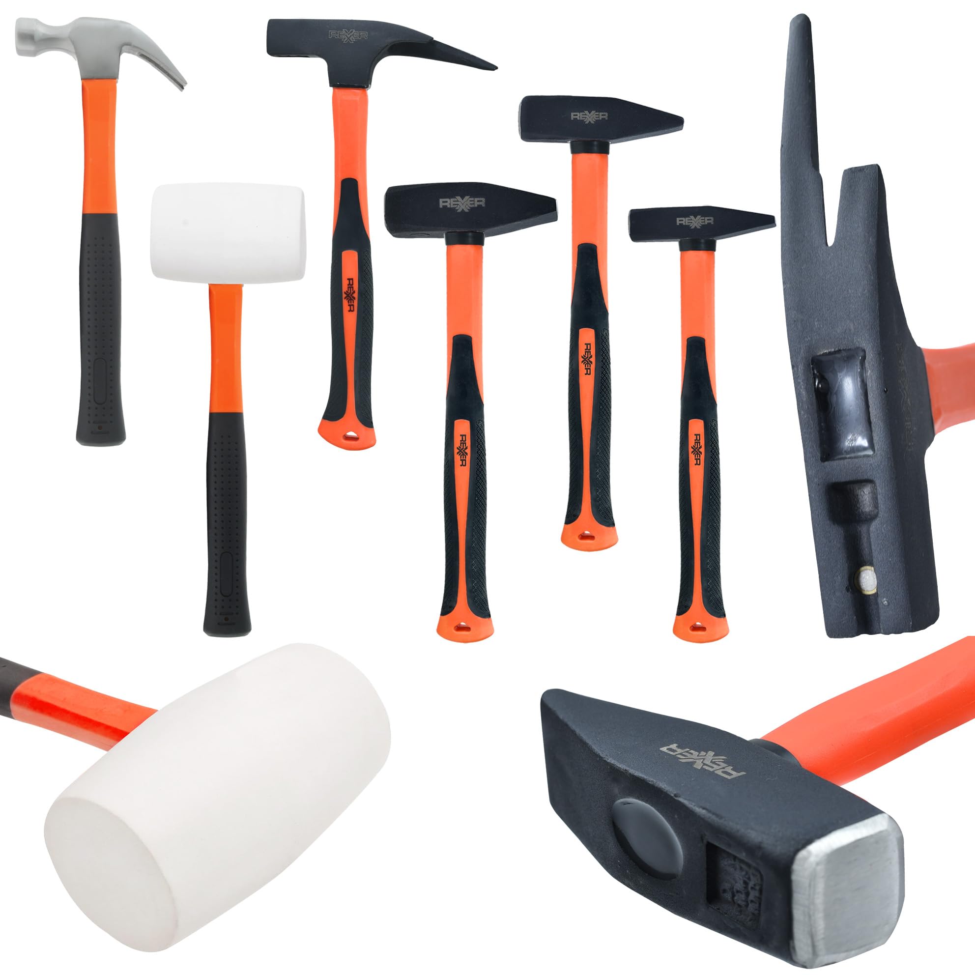 REXXER Hammer Set mit Fiberglasstiel – Profi Hammer Sets für Werkstatt, Montage und Heimwerker (6-tlg. | Mix)