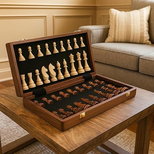 Miniatura 9 de Juego de ajedrez plegable de nogal de 15 pulgadas con almacenamiento, tablero de ajedrez portátil tamaño torneo para adultos, viajes, noche de