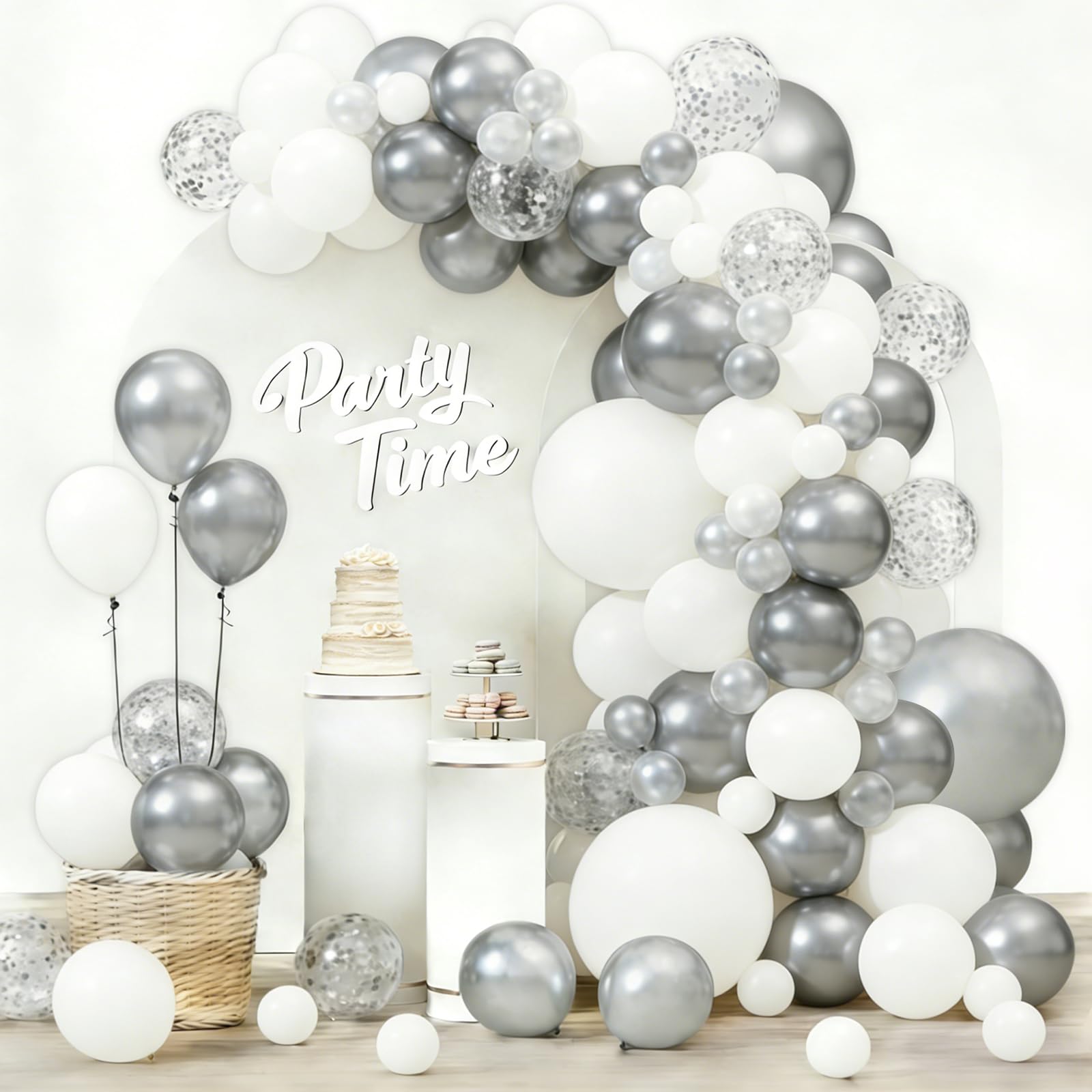 White Silver Balloon Arch Kit, Confetti Balloons, 100Pcs 18 12 10 5 Inch Different Sizes Balloon Garland, Latex Balloons, Perfect for Wedding, Baby Shower, Birthday, Graduation, Hen Party Decorations