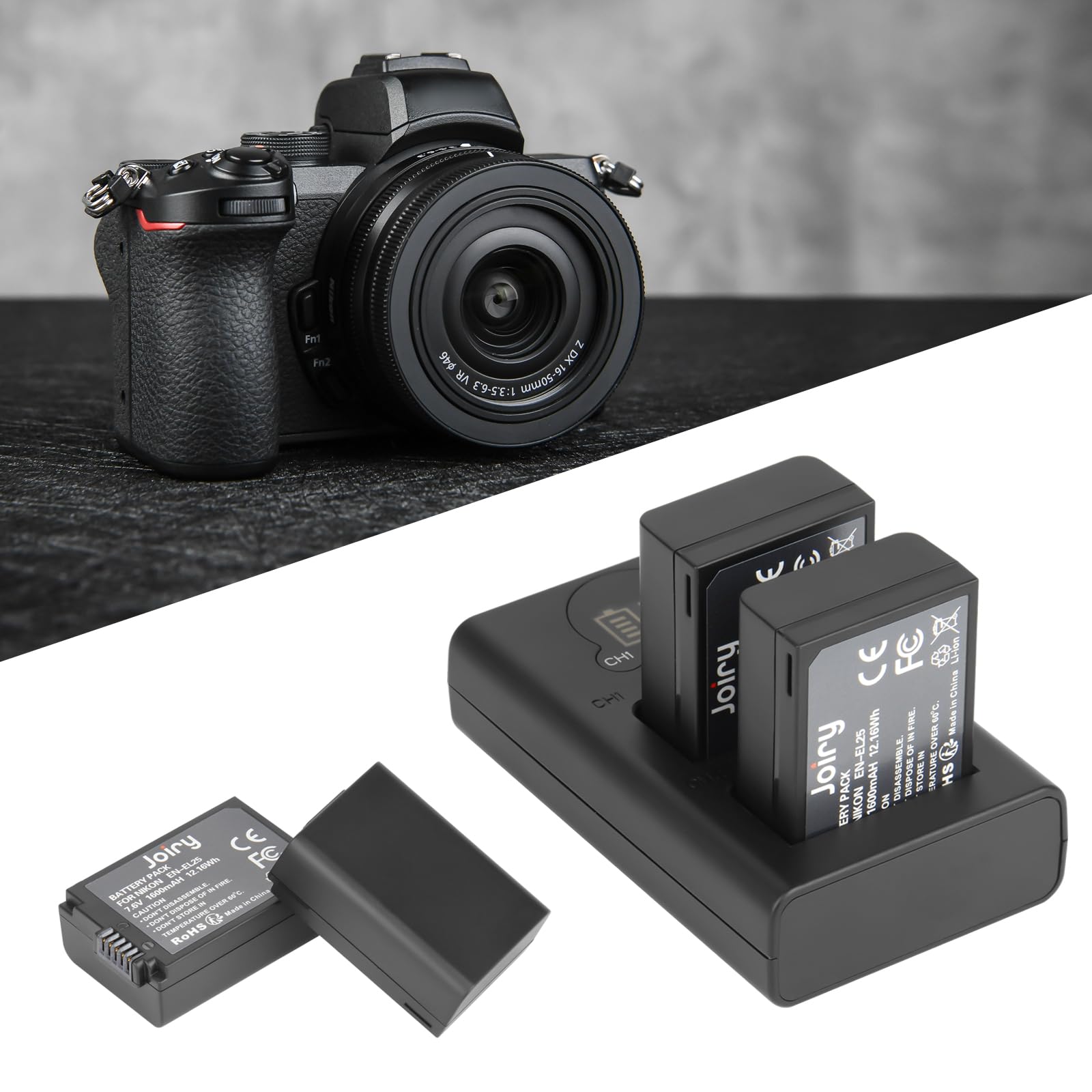 Joiry 2X EN-EL25 batteria di ricambio compatibile con Nikon Z50, Z 50, Z FC, Smart LCD Display Dual USB Caricabatterie per Nikon ENEL25/EN-EL25a/4241 Batteria