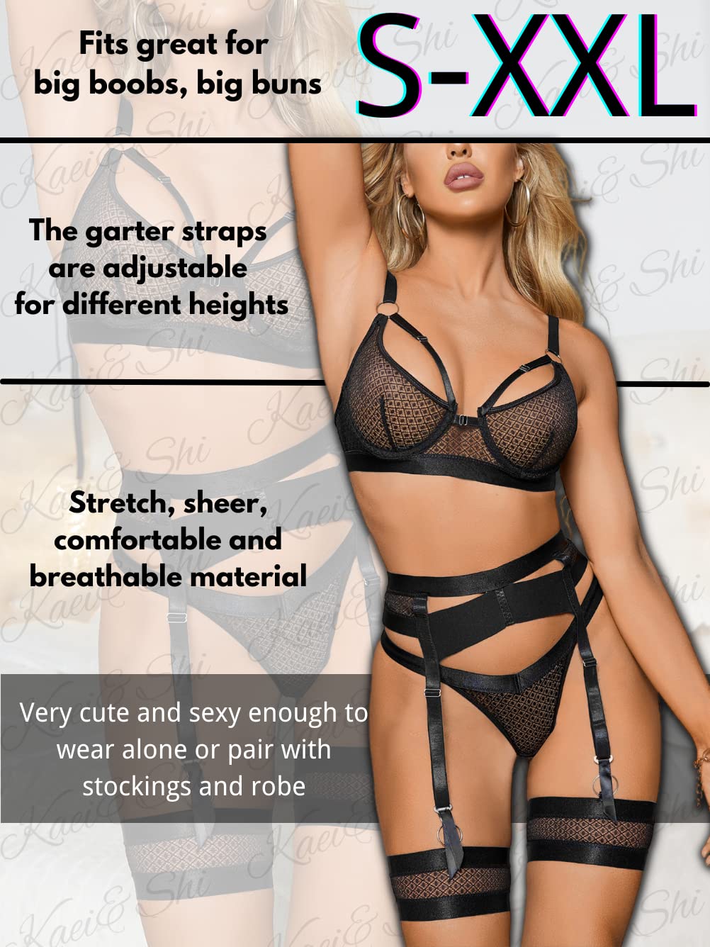 Garter Lingerie for Women,Sexy Lace Lingerie,Sheer Matching 4 Piece Lingerie Set: 14 Black Fishnet