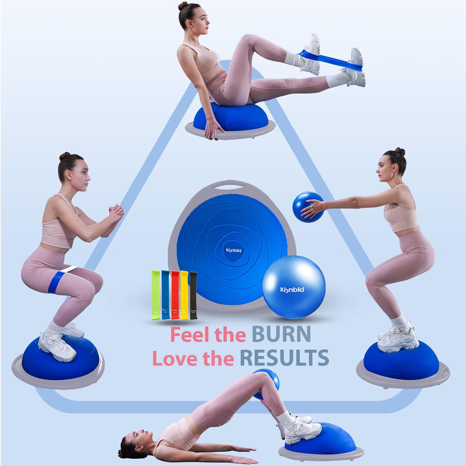 kisnbld Half Balance Ball Trainer, Inflatable 19/23 Inch Half Exercise Ball with Resistance Bands and Pilates Ball, Non-Slip 660lbs Capacity Yoga Ball for Home Gym Full Body Workouts