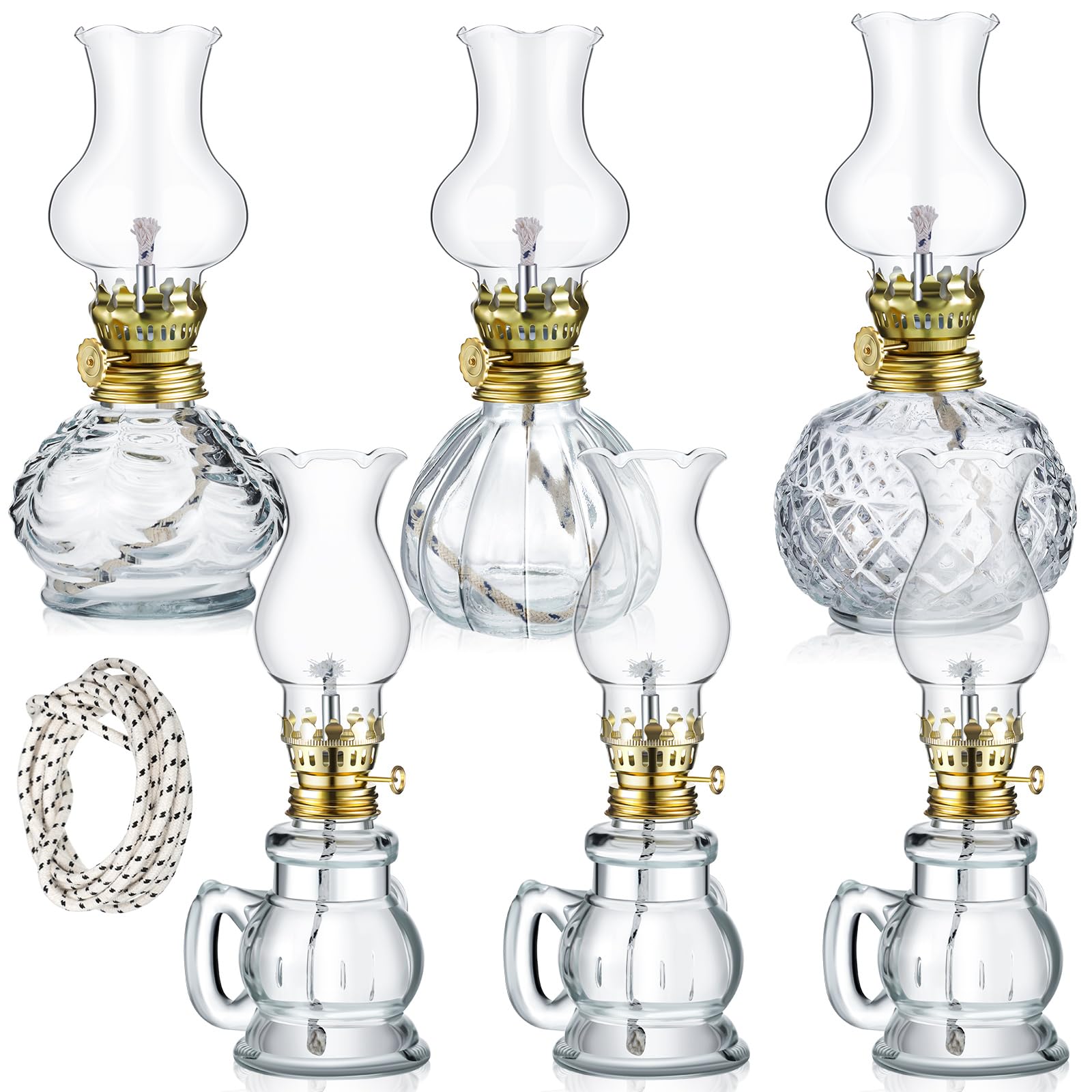 Yexiya 6 Pcs Chamber Oil Lamps Oil Lamp Vintage Glass Kerosene Lamp Bulk with Adjustable Fire Wick Rustic Clear Hurricane with 6.6 ft Extra Wick for