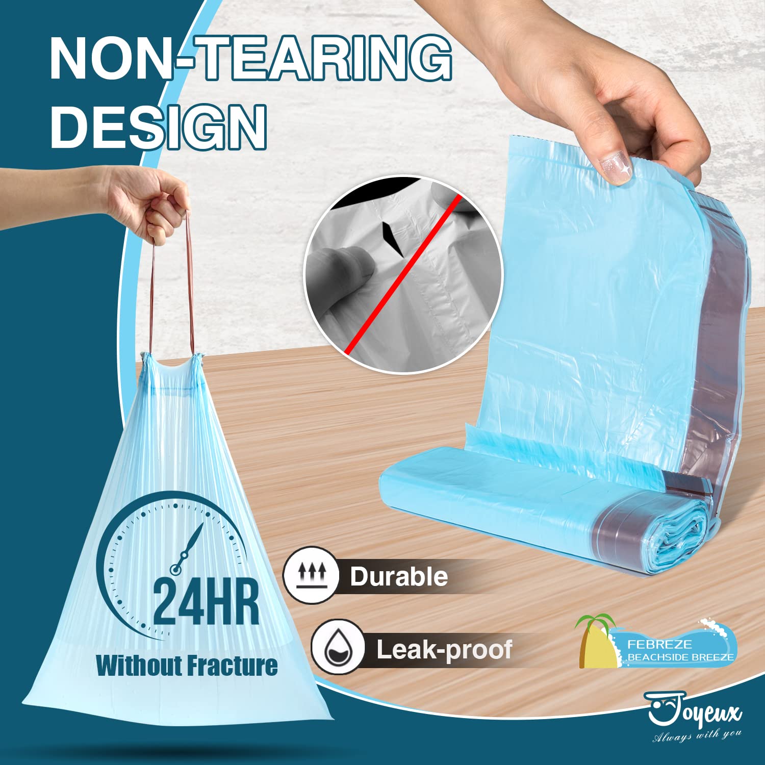 JOYEUX 2.6 Gallon Small Trash Bags, No-Tearing Drawstring Mini Garbage Bags for Bathroom Kitchen, Beachside Breeze Scent, 66 Count