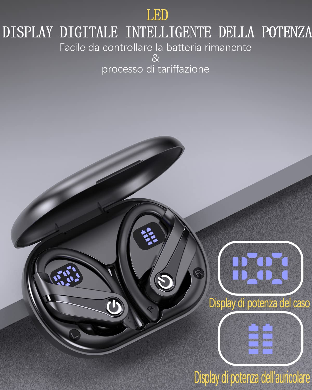Sport Cuffie Bluetooth - 2024 Auricolari Bluetooth Stereo di Alta Qualità, Cuffie Wireless Bluetooth con Riduzione Rumore ENC e Display LED, Impermeabili IP7 per Sport - Nero