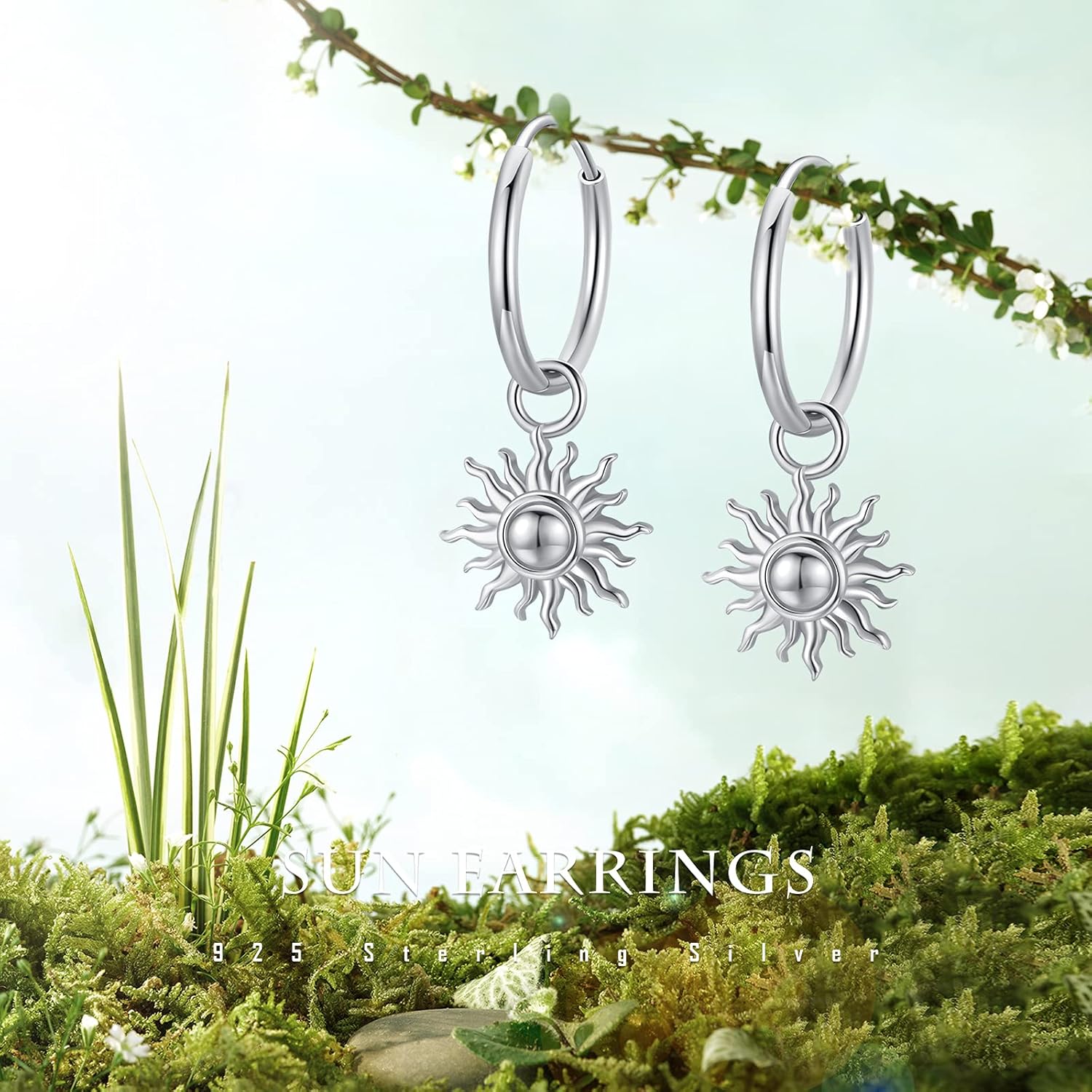 Sun Dangle Earrings, 925 Sterling Silver Sun Hoop Earrings Hypoallergenic Earrings for Sensitive Ears Jewelry Lovers for Women Friends - Image 2