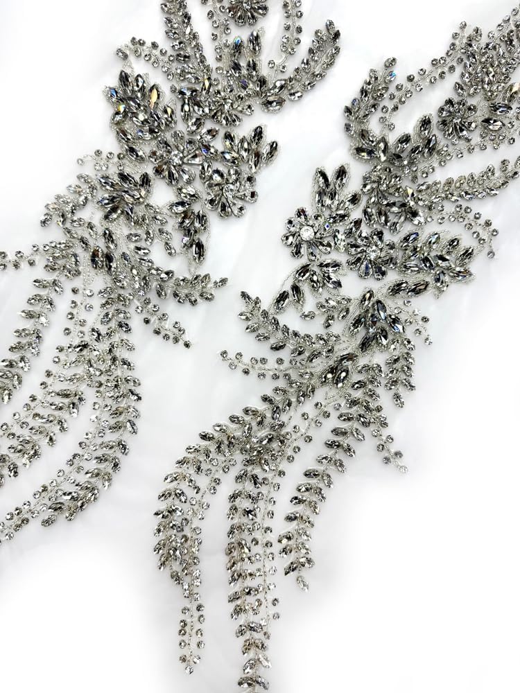 Silver Beaded Rhinestones Applique for Prom Dresses,Large Bcodice Applique,Sparkling Bridal Gown Embellishment(23.6 * 4 inche) by Pair(2 Pieces)