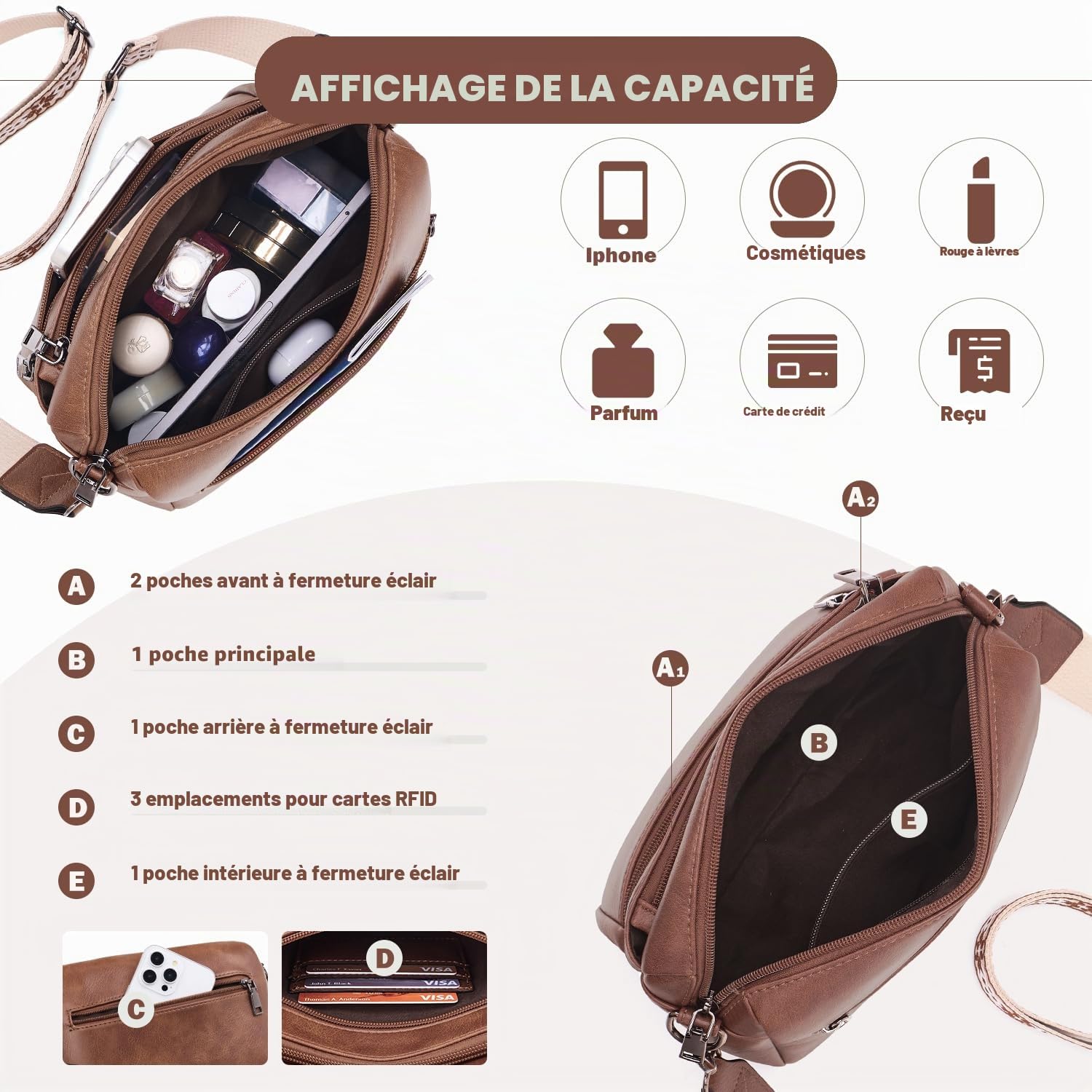 ATERITSSI - Sac à bandoulière tendance en cuir végétalien pour femme, sac à main pour téléphone portable, appareil photo, avec emplacements pour cartes
