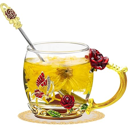 Enamels Butterfly Flower Clear Lead-Free Glass Coffee Mugs Tea Cup with Delicate Spoon Set,Perfect Gift for Wife,Mum,Girl,Teacher on Birthday,Valentine¡¯s Day,Mother¡¯s Day,Wedding Anniversary (Red)