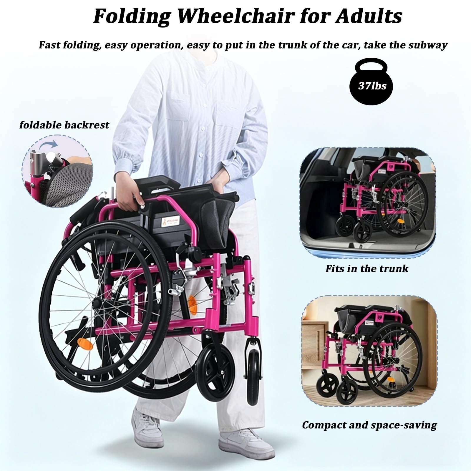 Sedia a rotelle pieghevole, Alluminio, Due sistemi frenanti, Pedane pieghevoli e rimovibili, Sedile 48 cm,Ruote piene(Pink)