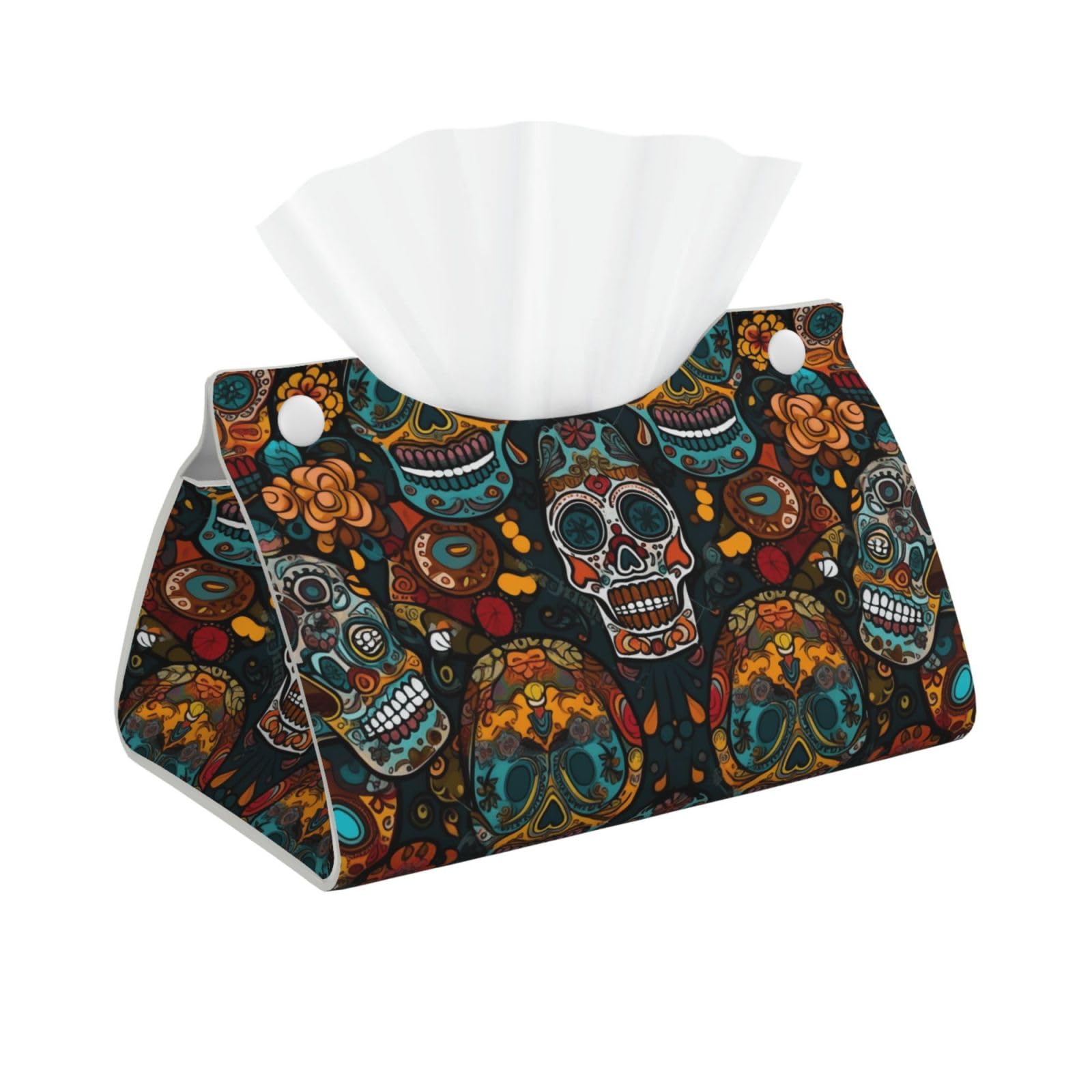Colorful Sugar Skulls Print Tissue Box Cover Foldable Tissue Storage Box Leather Tissue Cube Box Holder for Living Room Bedroom Office Car Home Decor