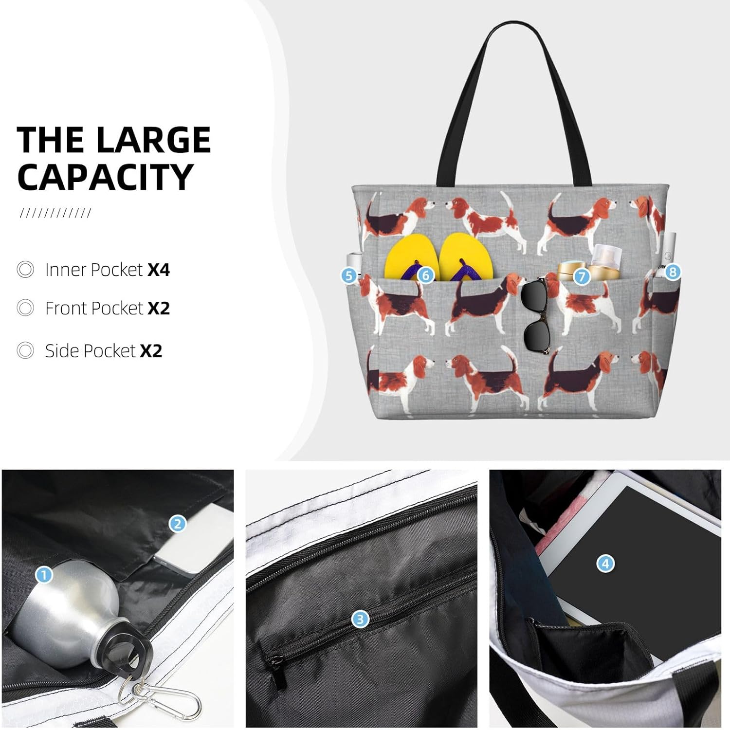 beagle patterns Print Large Capacity Beach Travel Bags with Zipper and Pockets for Travel Vacation Fitness