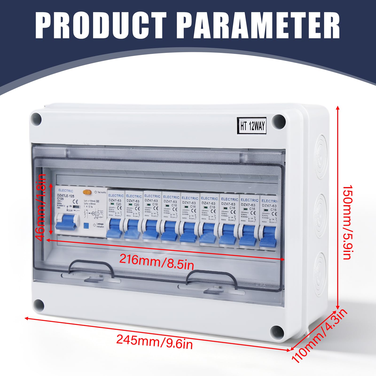 Sicherungskasten Aufputz, Aufputz Verteiler Kleinverteiler, Verteilerkasten mit Fi Schutzschalter, IP65 Wasserdicht Verteilerkasten, Leistungsschalter 125A, AC Trennschalter 7x16A+2x20A