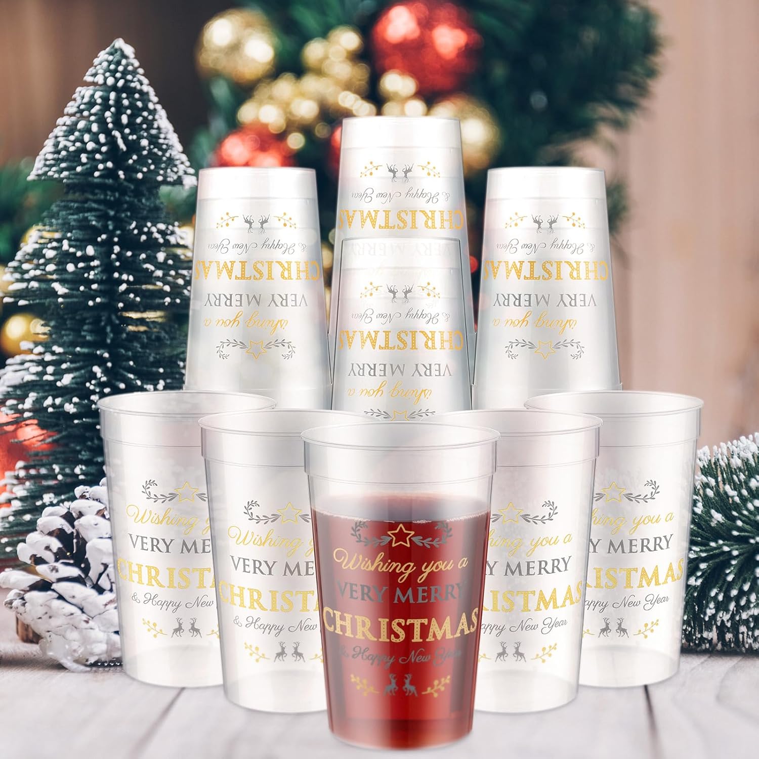 Sliner 24 Pack Christmas Plastic Cups 16oz Reusable Clear