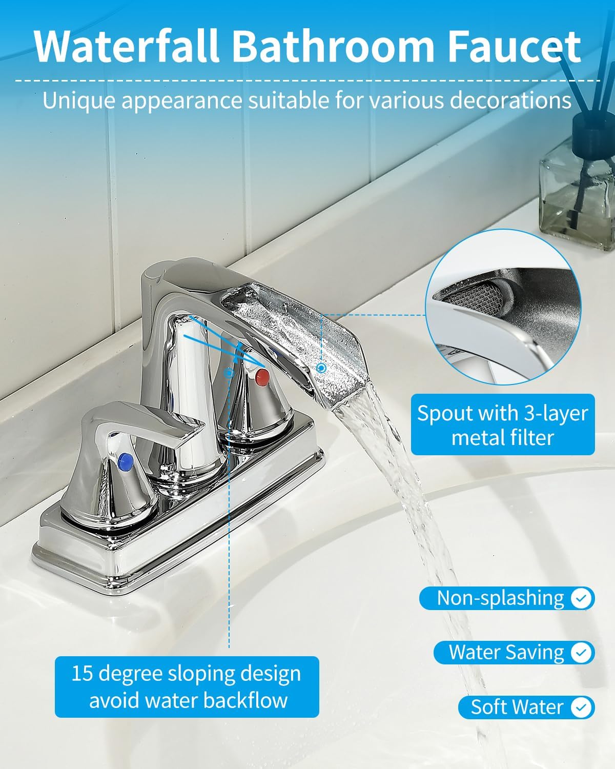 Fapully Bathroom Faucet, Waterfall Bathroom Sink Faucet Widespread, 4 Inch Centerset Chrome Faucet for Bathroom Sink with Pop-up Drain