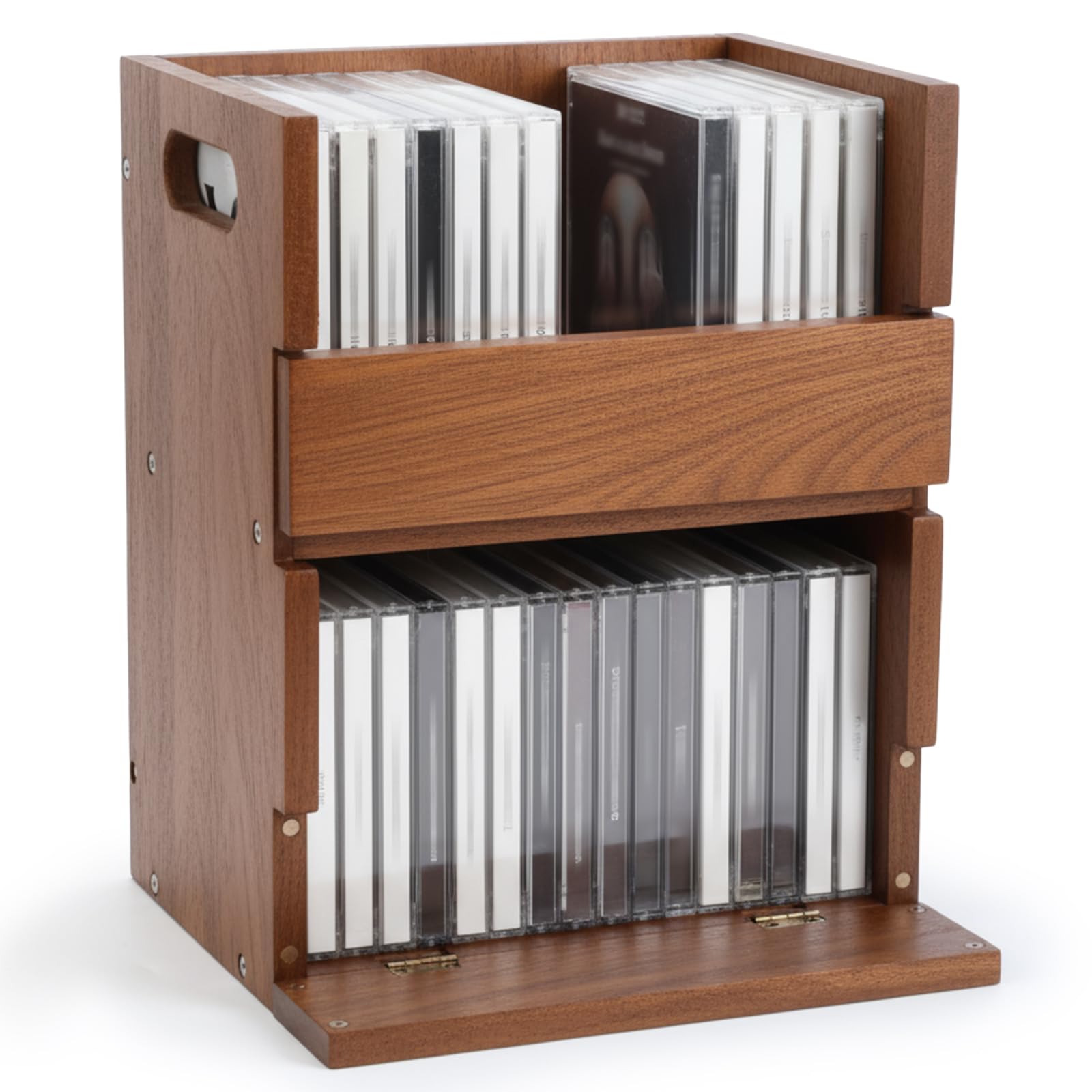 AceOrbit 1 Set Wooden Cd Storage Box Holder Racks Cassette Tape Display Stand With Carrying Handles, Holds 42 Cd Case, Acacia Wood Shelf for Movie Cases, Dvds Organizer (Natural)-picture-10
