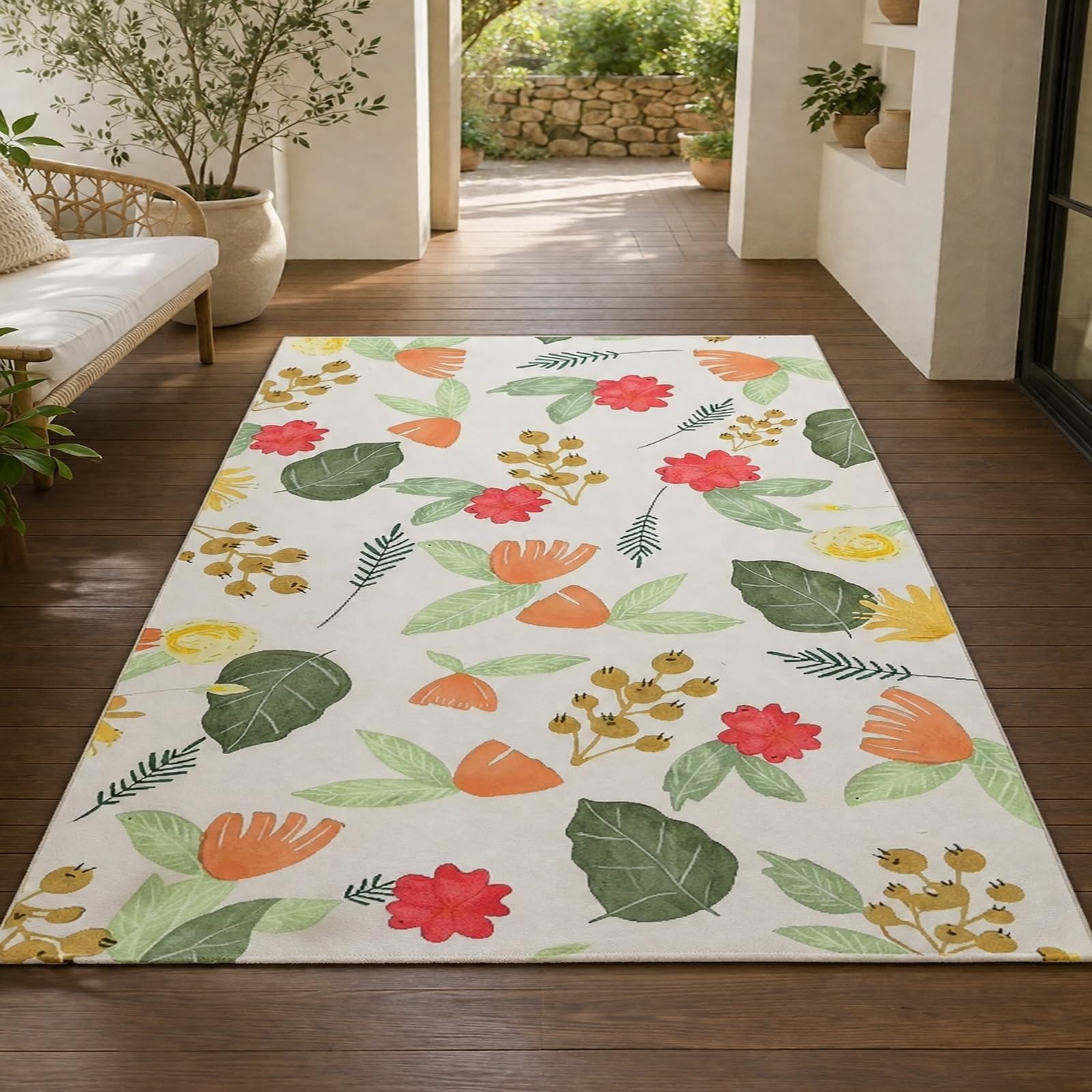 Generico Tappeto,Motivo floreale verde rosso arancione giallo beige 110 x 160 cm, Lavabile Tappeti Pelo Corto Corridoio camera da letto cucina soggiorno,