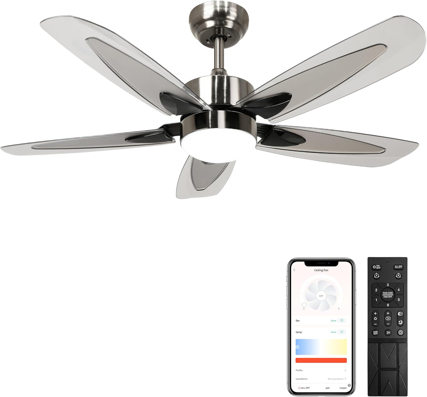 Flybull Ceiling Fan with LED Light and Remote, 42 Inch Modern Indoor Outdoor Ceiling Fan for Porch Patio, 3 Colors Dimmable, 6 Speed, Quiet Small Ceiling Fan for Bedroom Kitchen (Brushed Nickel)
