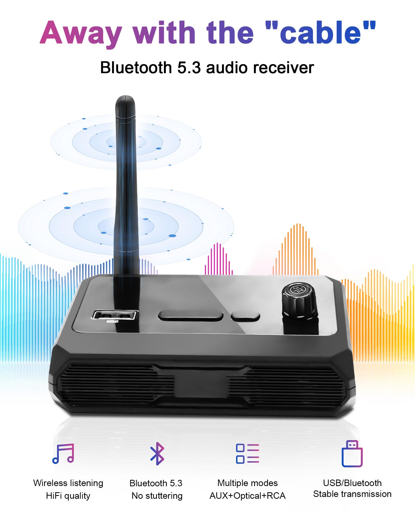 Odbiornik Bluetooth 5.3, bezprzewodowy odbiornik audio, obsługuje optyczne gniazdo RCA AUX 3,5 mm do stereo, głośników MP3 Play i wzmacniacza