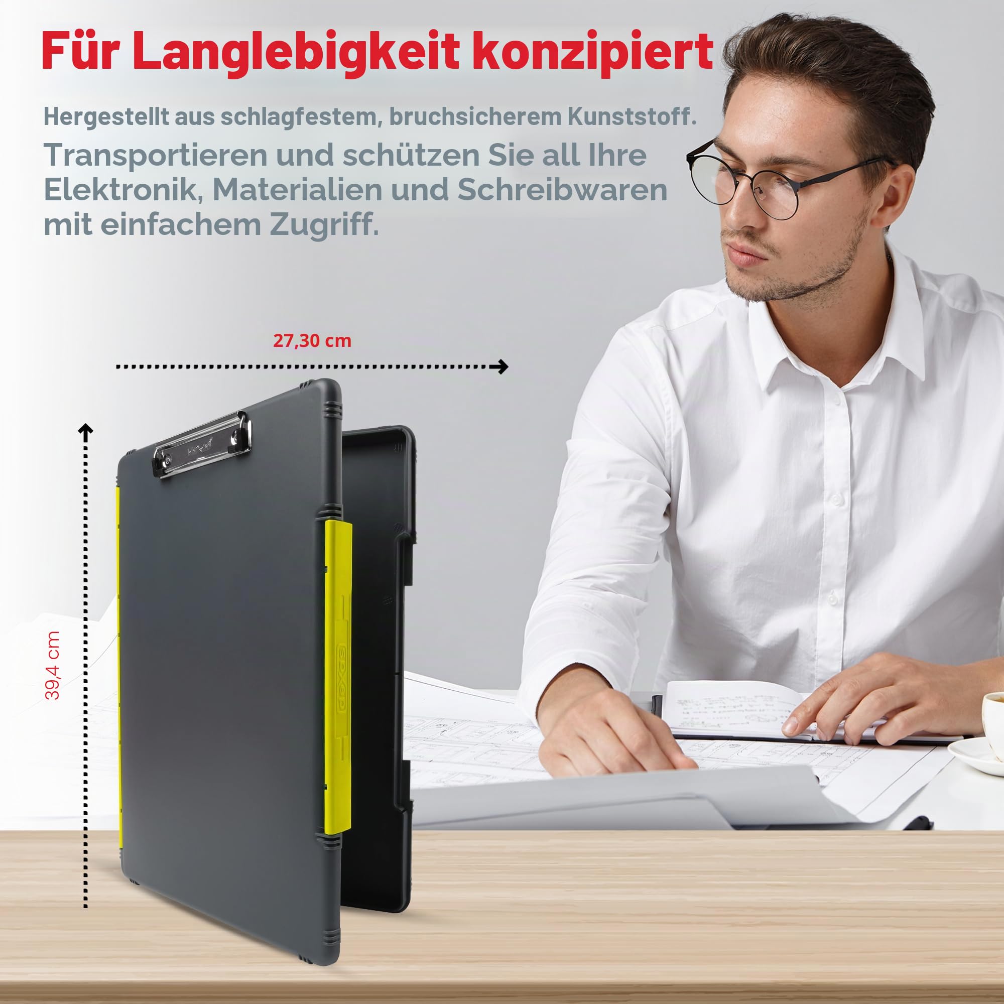 Dexas XL Slimcase 2 Klemmbrett zur Aufbewahrung, legale Größe, Kunststoff, Grau mit gelbem Clip, 15.5" x 10.5" x 1"