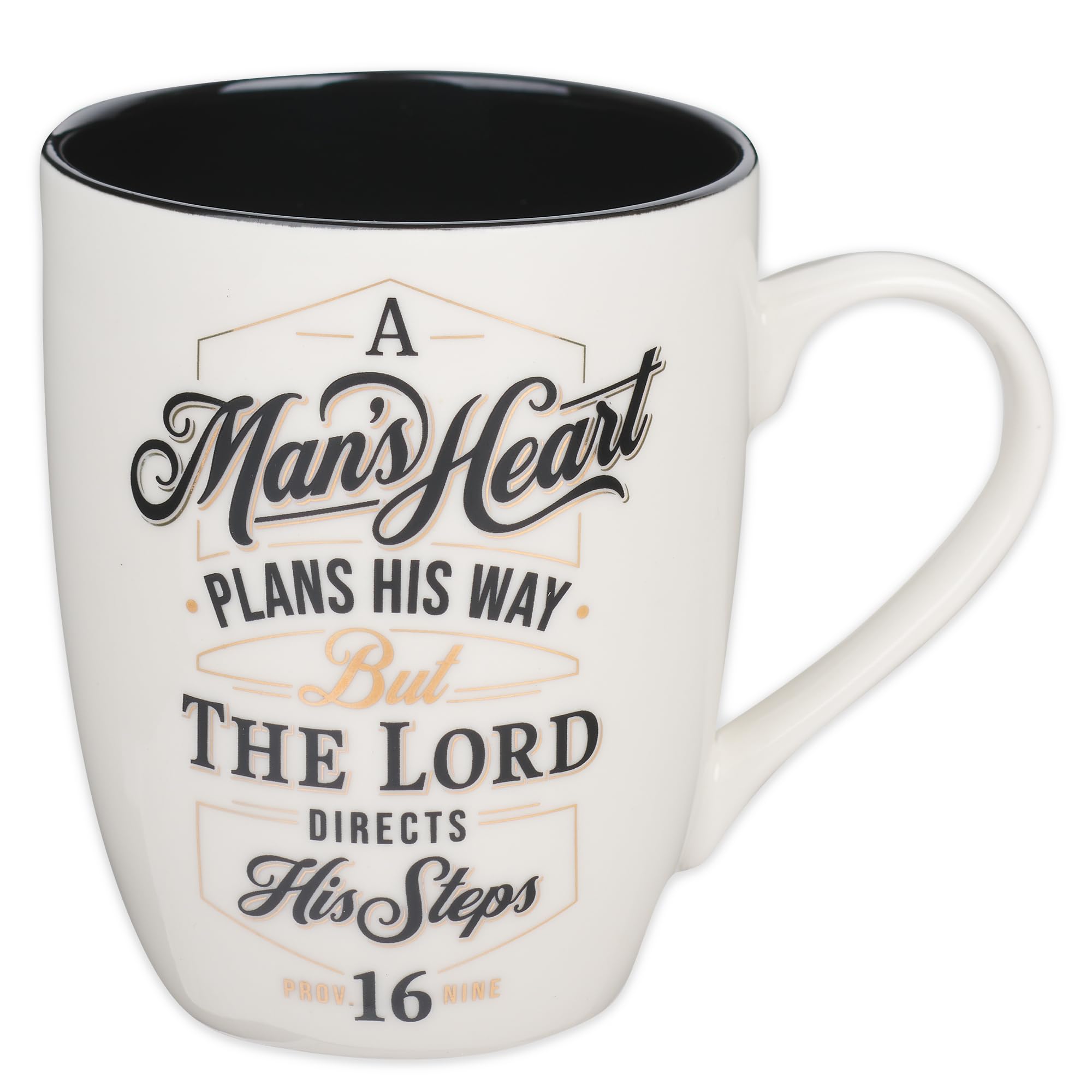 Christian Art Gifts Inspirational Ceramic Coffee & Tea Scripture Mug for Men: A Man's Heart Encouraging Bible Verse Proverb, Lead-free Non-toxic Drinkware, Golden Foil Accents, White & Black, 12 oz.
