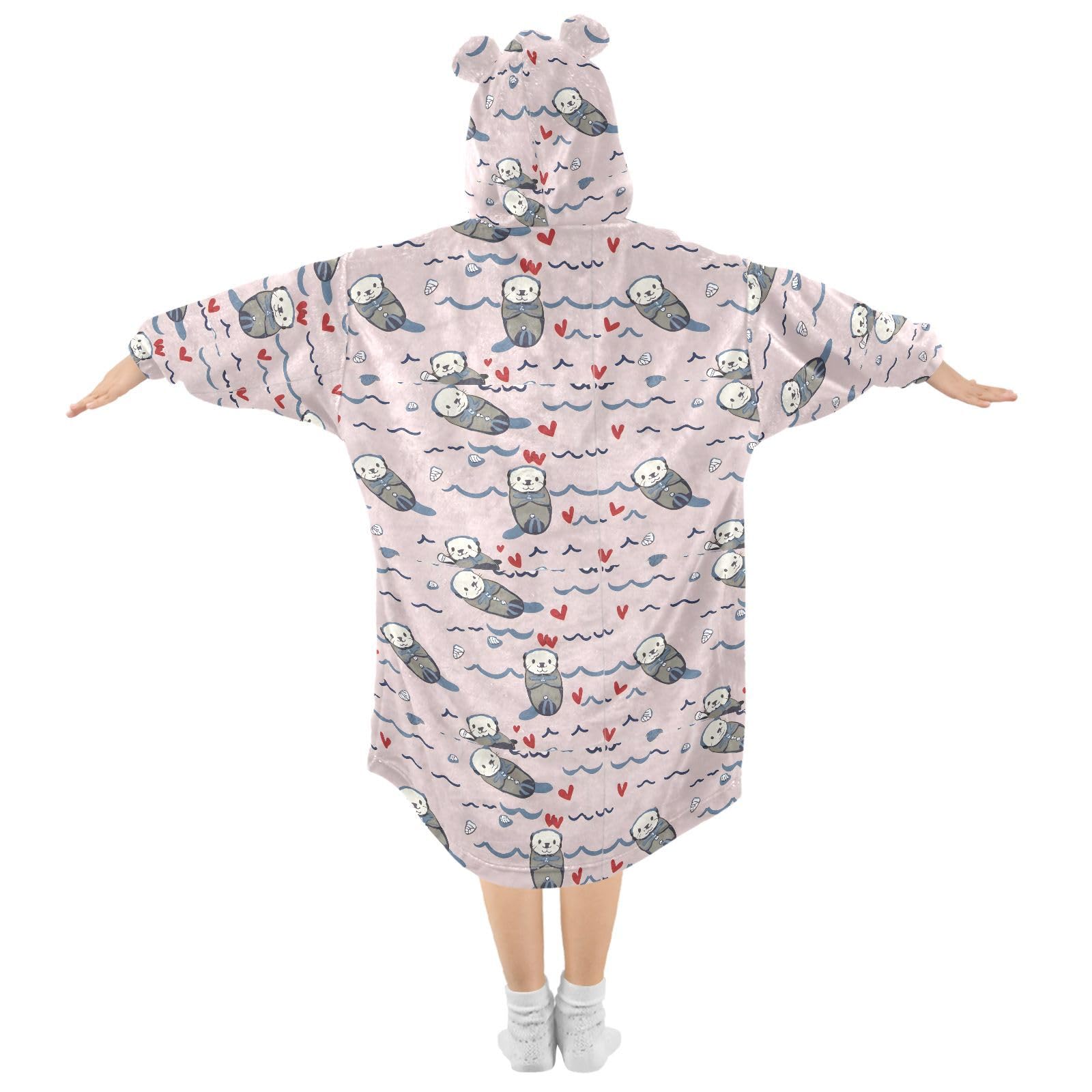 CEBUGI Cute Sea Otter Wearable Blanket for Kids Blanket Hoodie with Kangaroo Pocket for Boys Girls age 3-14,S