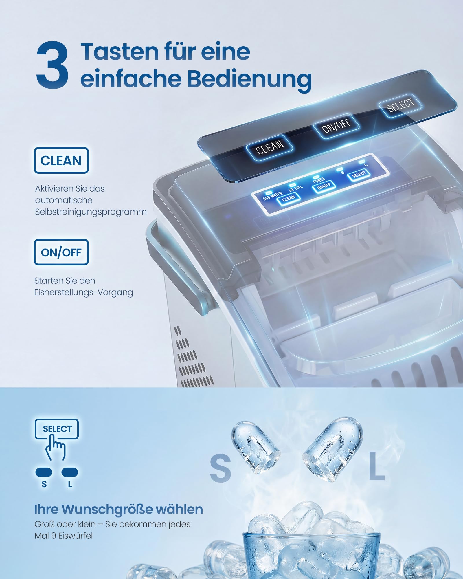 SONGMICS Eiswürfelmaschine, Eiswürfelbereiter, Eismaschine mit Selbstreinigung, in 6 Minuten 9 Würfel in 2 Größen, 12 kg in 24 Stunden, tragbar, Küche, WG, Party, Camping, Silbergrau XZB001E1EU - 5
