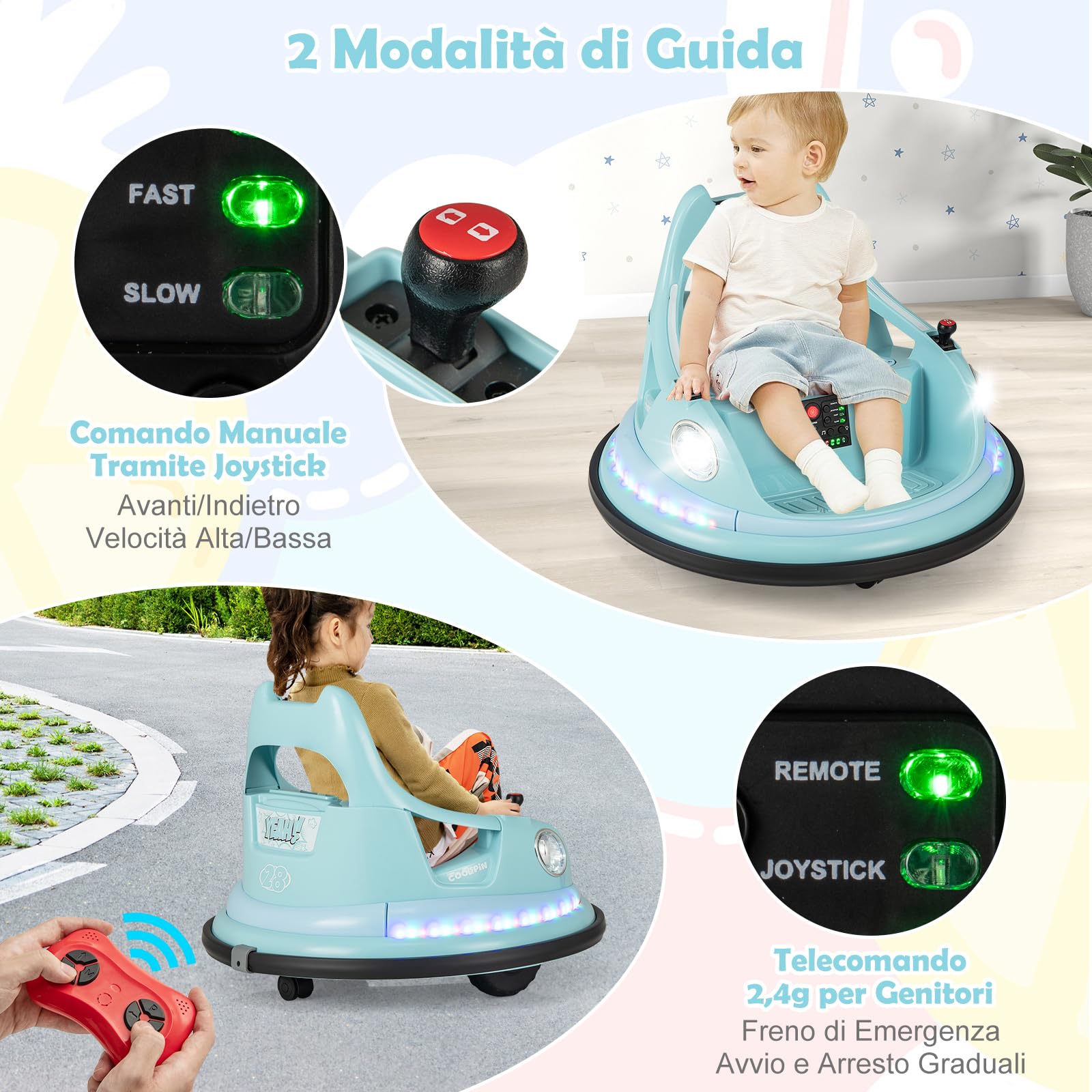RELAX4LIFE Autoscontro Elettrico 12V per Bambini, con Telecomando, Doppio Joystick, Rotazione a 360°, 5 Modalità di Luci, Musica e Cintura di Sicurezza, per Bambini da 3+ Anni (BLU)