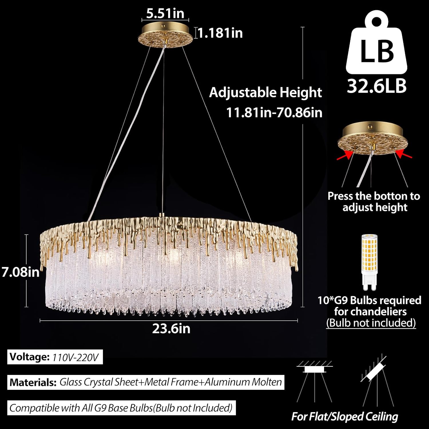 23.6" Modern Luxury Glass Crystal Chandelier,Gold Glass Drop Chandeliers with Dripping Gold Edge,Round Dining Room Chandelier Pendant for Bedroom Entryway Living Room Kitchen Island