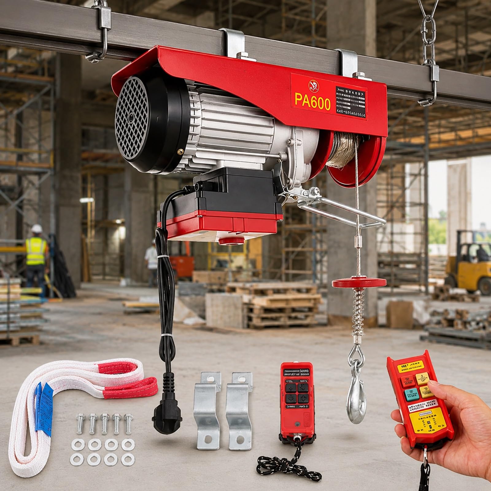 Paranco Elettrico Gru 200-1000kg Capacità di Carico Verricello Robusto | Sollevatore da Garage con Telecomando Senza Fili e Motore in Rame Puro per Magazzino e Cantiere Edile(600KG)