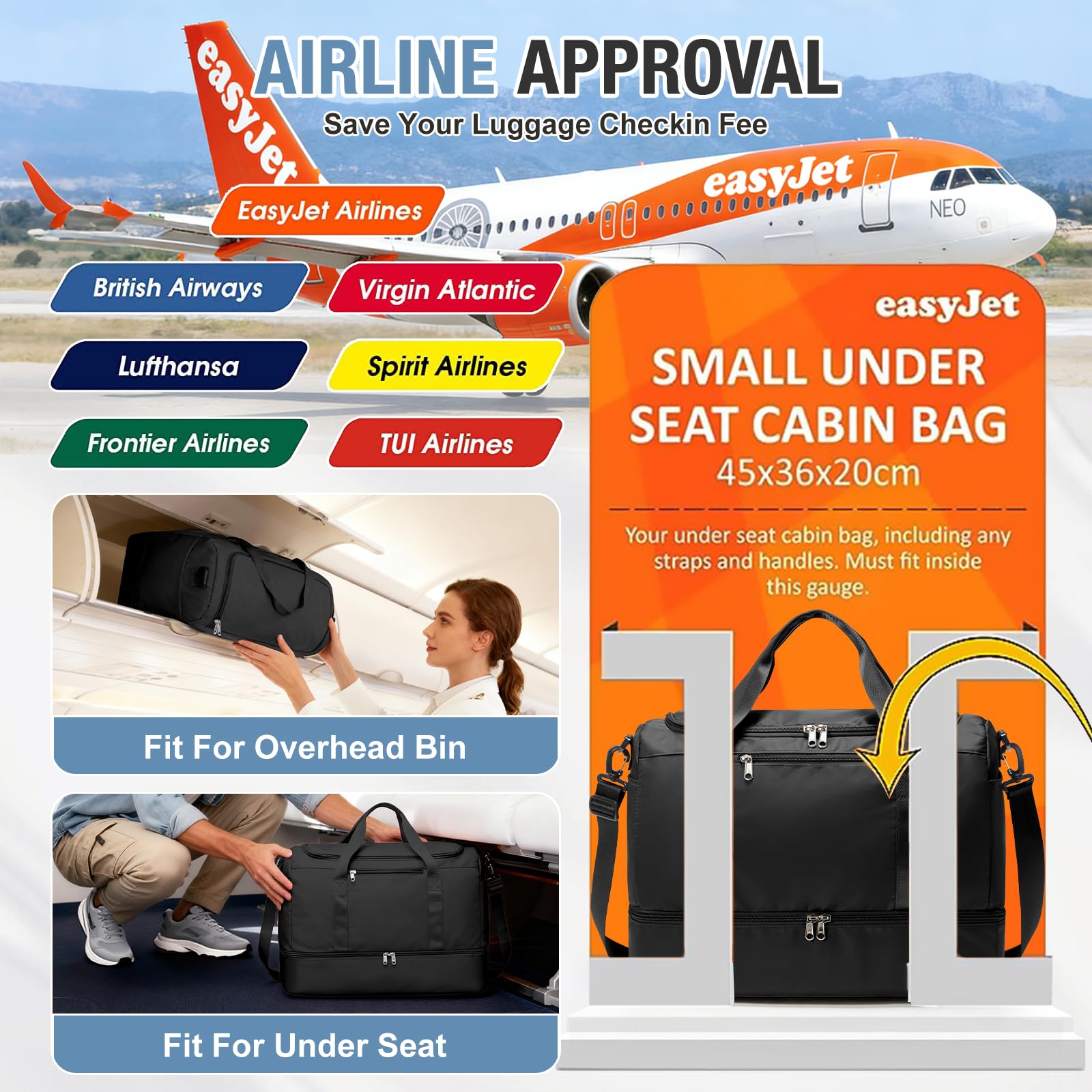 Sac de Voyage 45x36x20 pour Easyjet,Bagage à Main Léger, Sac fourre-Tout de Sport Imperméable pour Week-End avec Compartiment à Chaussures pour Travel Gym Danse,A02 - Noir