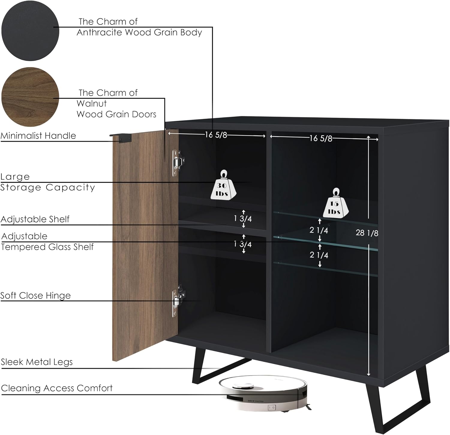 Atelier Mobili Sideboard, Storage Cabinet with Soft Close Doors, Dining Room, Hallway, Console Table, Credenza, Accent Cabinet, 36 X 36 X 18 Inches with Sturdy Metal Legs (Anhtracite & Walnut)